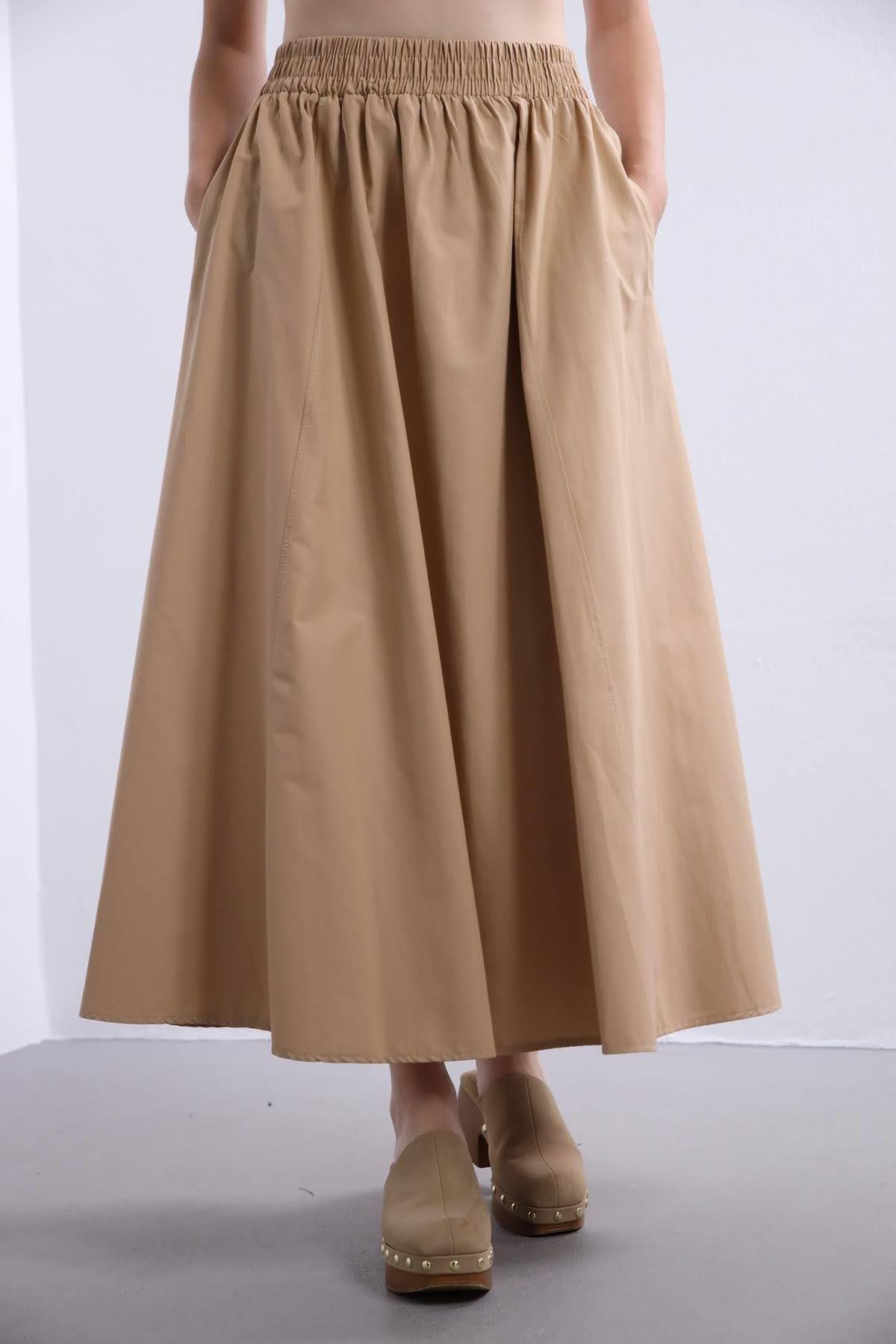 Camel Rengi Beli Lastikli Poplin Etek - Şaman Butik Camel Rengi Beli Lastikli Poplin Etek