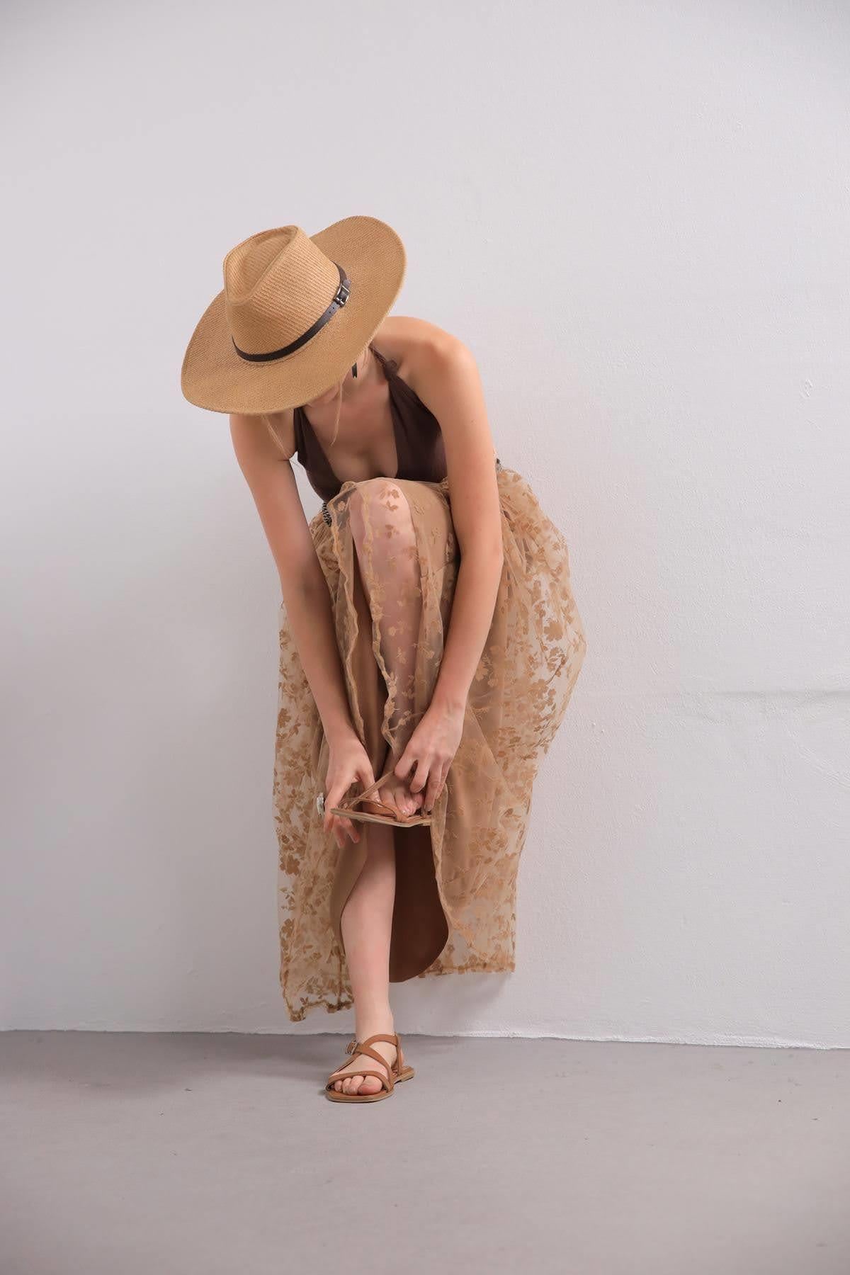 Camel Rengi Çiçek İşlemeli Astarlı Tül Etek - Şaman Butik Camel Rengi Çiçek İşlemeli Astarlı Tül Etek