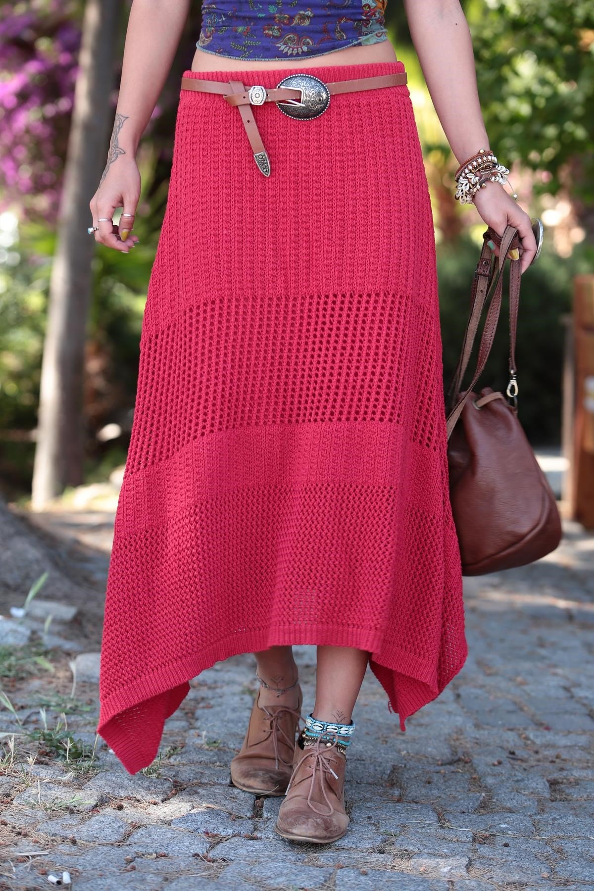 Kırmızı Örme Etek - Şaman Butik Kırmızı Örme Etek