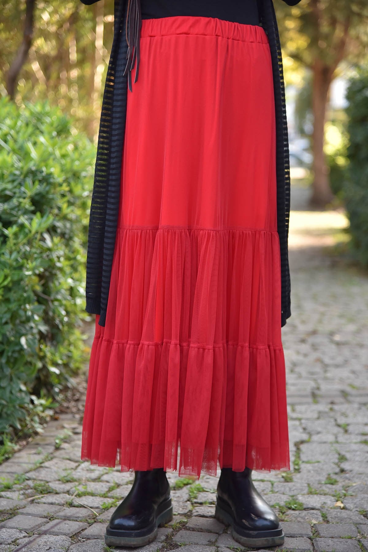 Kırmızı Uzun Astarlı Tül Etek - Şaman Butik Kırmızı Uzun Astarlı Tül Etek