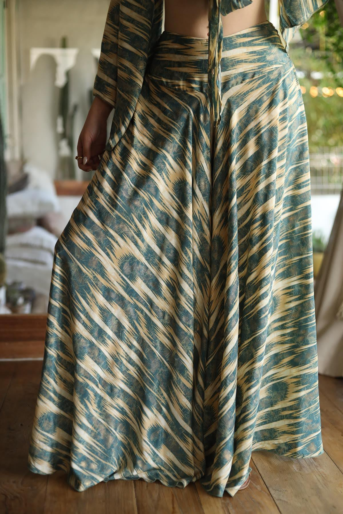 Petrol Yeşili Desenli İpek Pantolon Etek