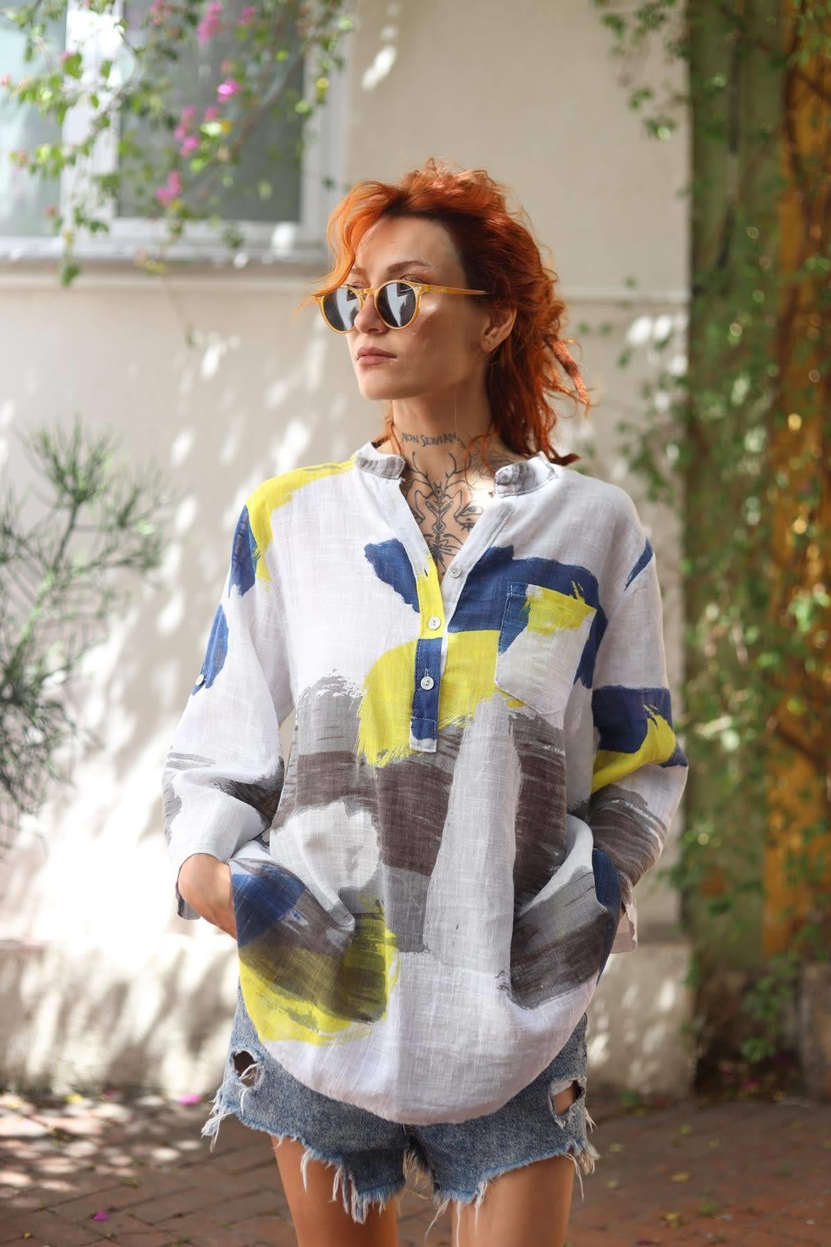 White Patterned Three Button Shirt