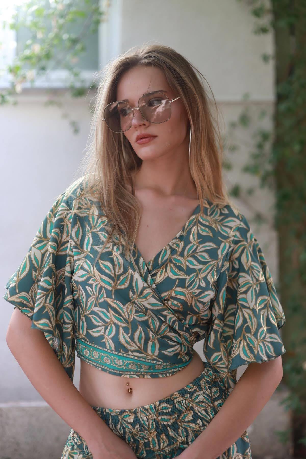 Petrol Green Short Wide Sleeve Silk Wrap Blouse