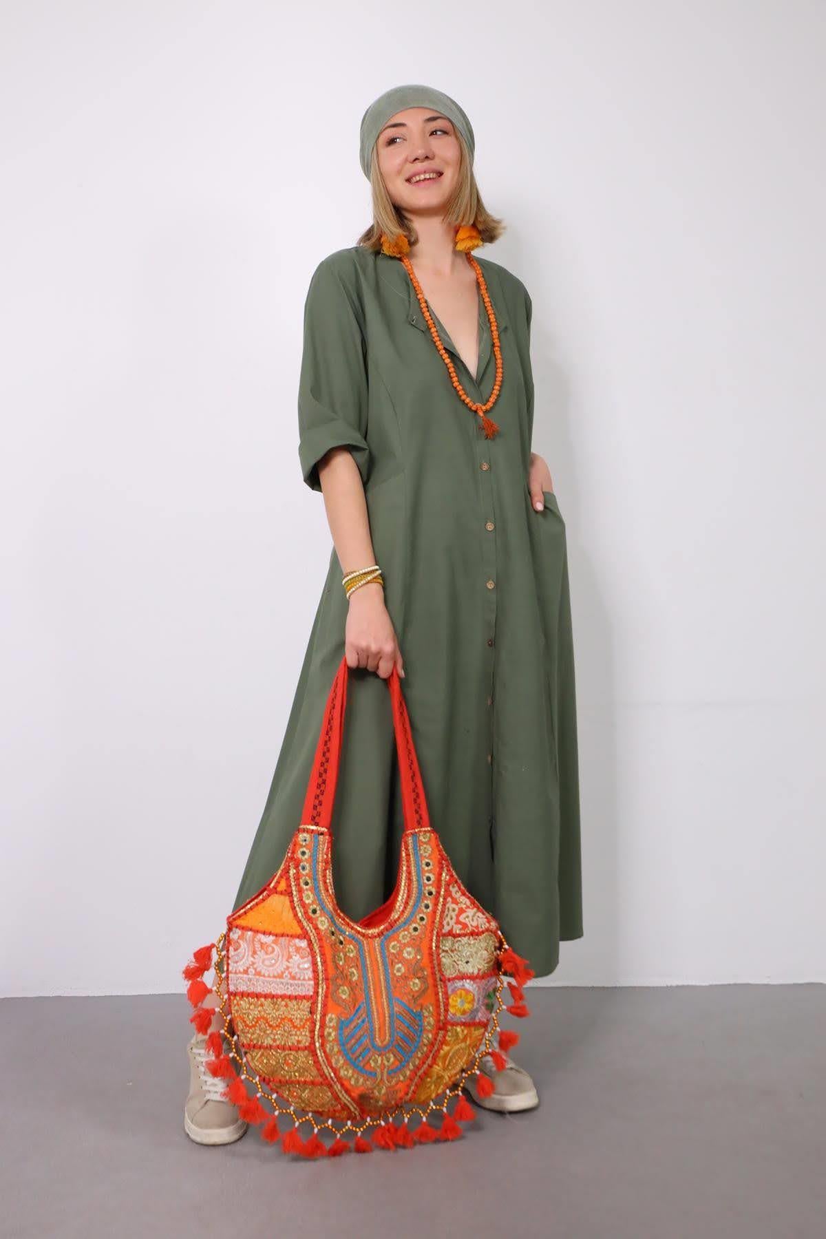 Haki Bisiklet Yaka Yanları Cepli Gömlek Elbise - Şaman Butik Haki Bisiklet Yaka Yanları Cepli Gömlek Elbise