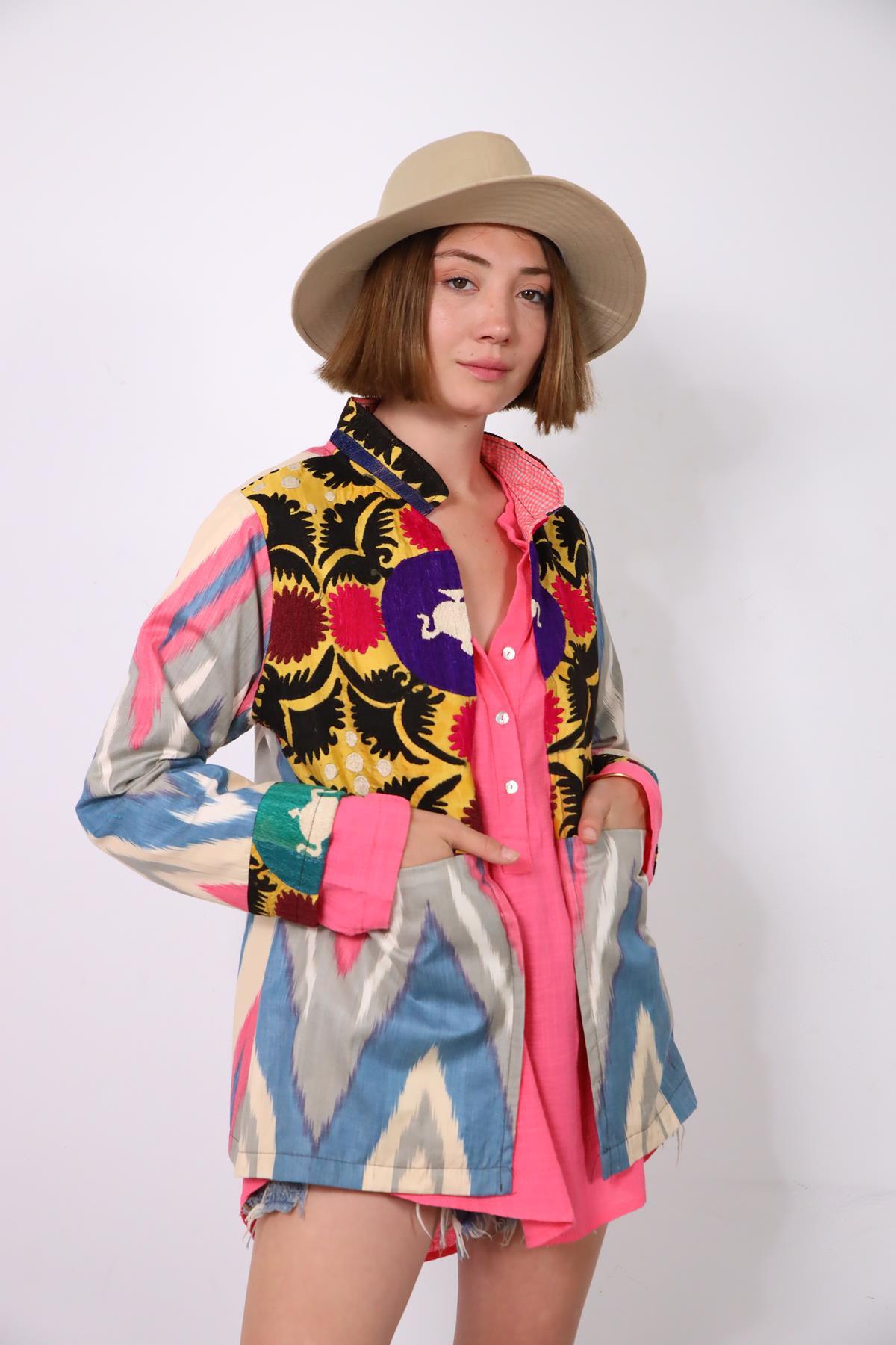 Renkli Suzani Kısa Kaftan - Şaman Butik Renkli Suzani Kısa Kaftan