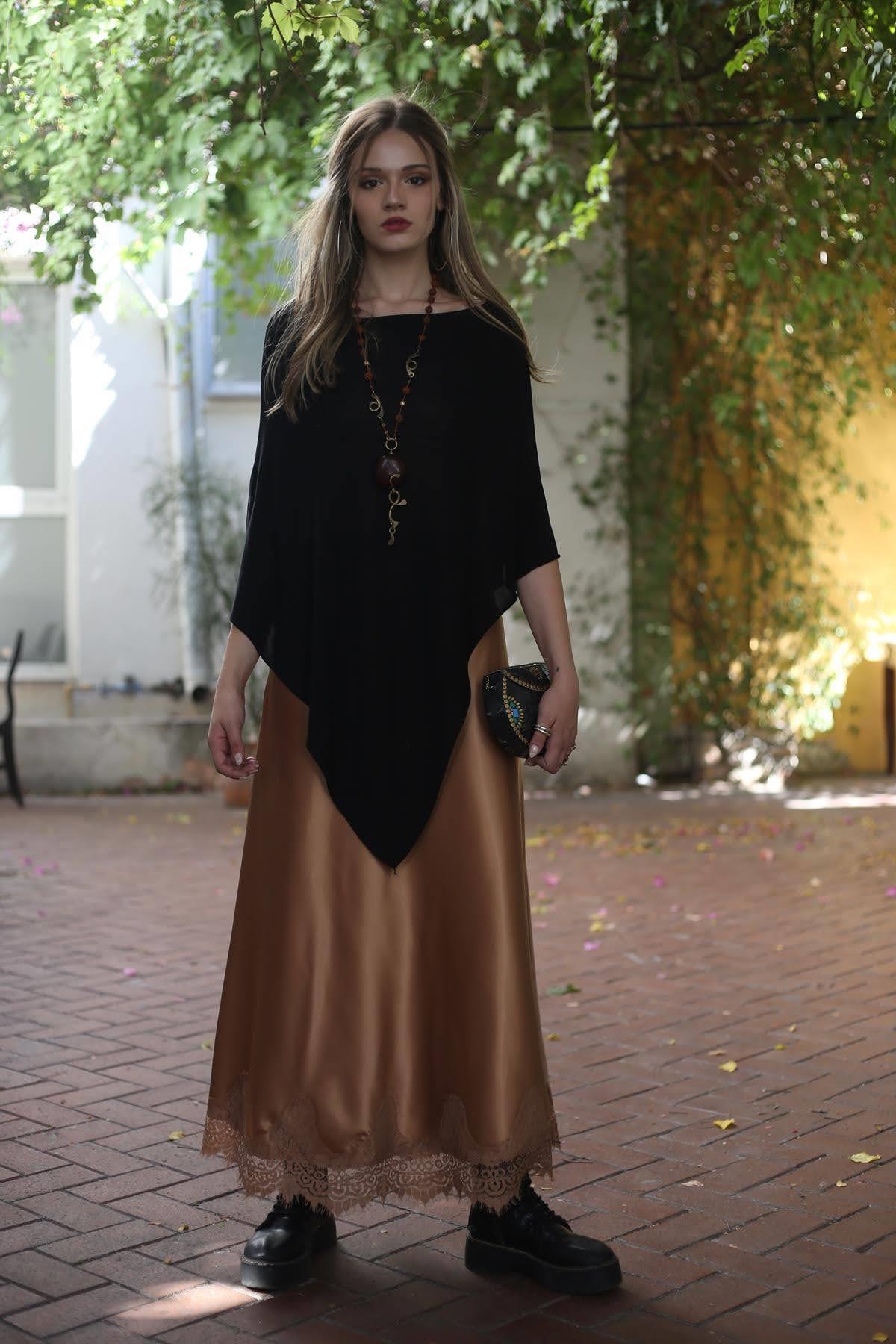 Sütlü Kahve Dantel Detaylı Saten Etek