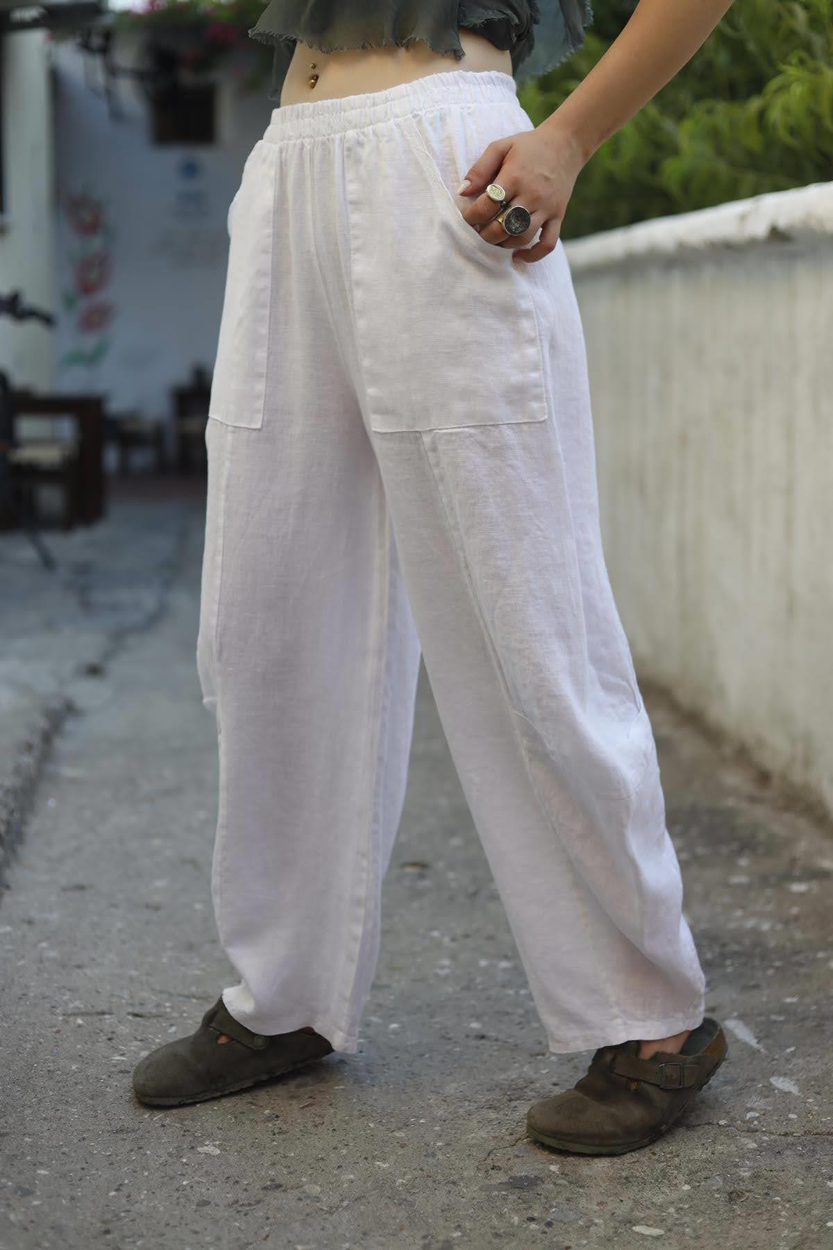 Beyaz Dikiş Detaylı Keten Pantolon