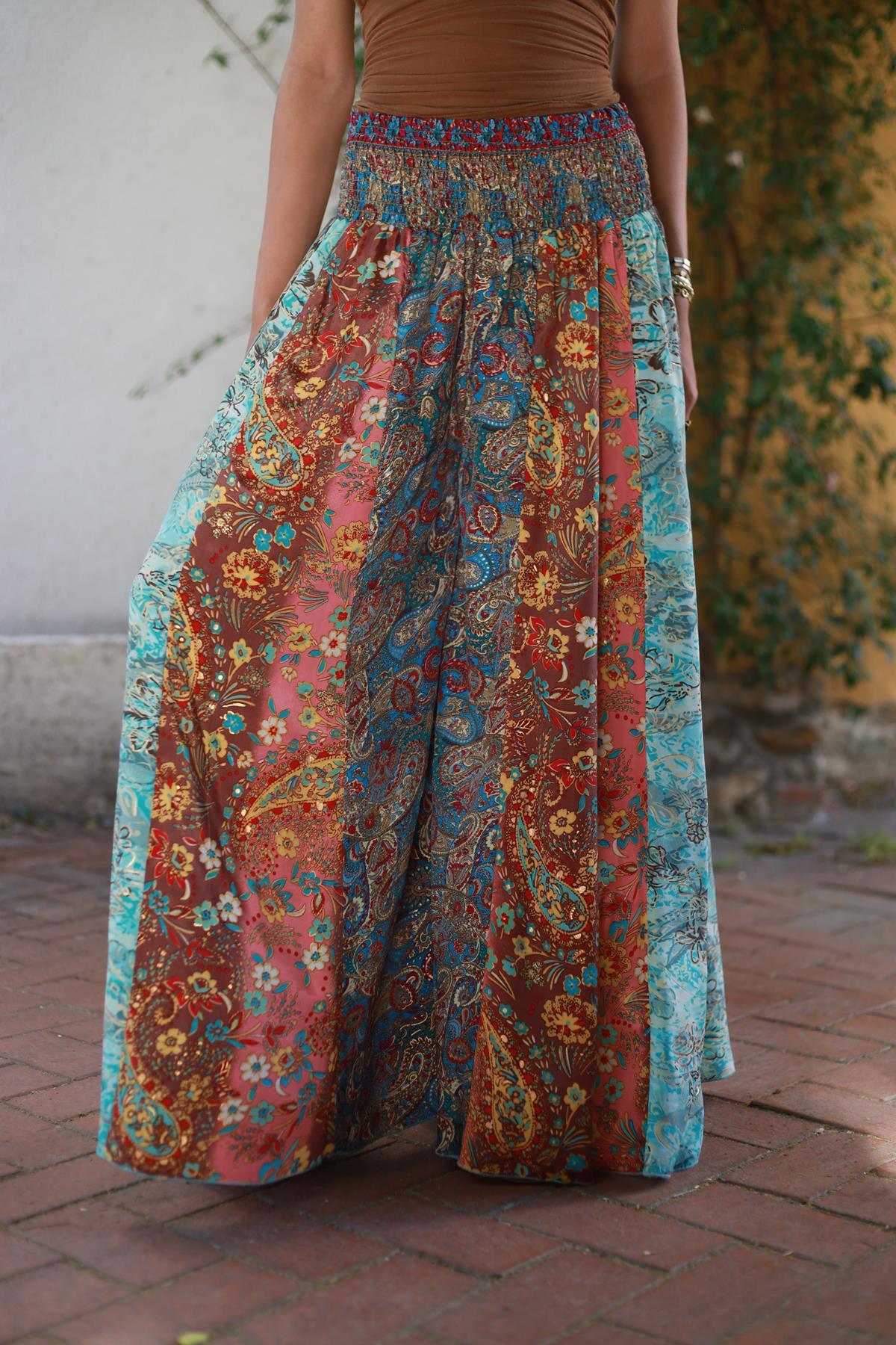 Renkli Beli Gipeli Patchwork İpek Pantolon Etek