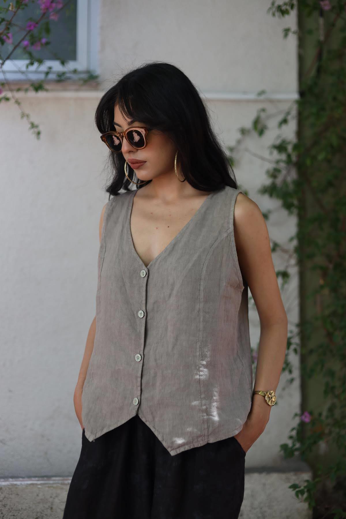 Mink Color Linen Stitch Detailed Vest