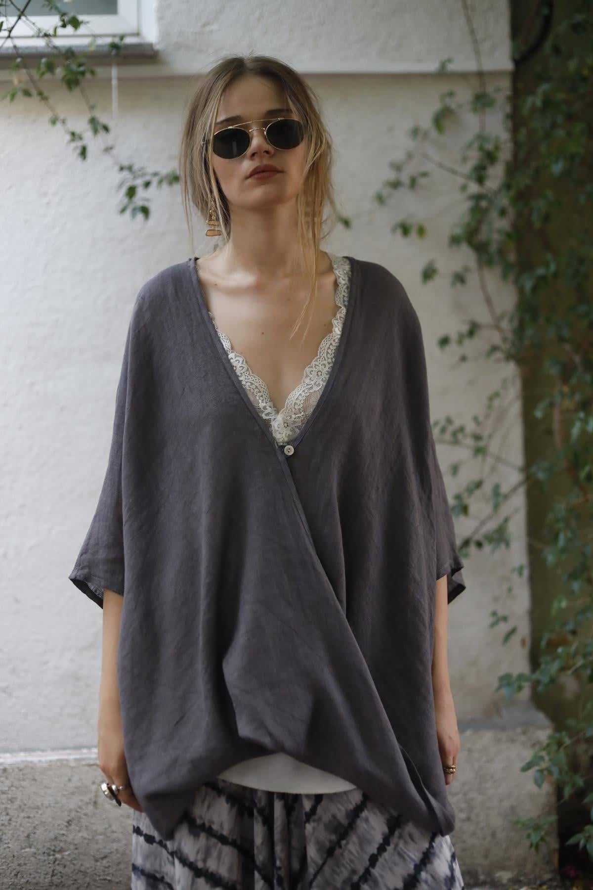 Füme Tek Düğme Keten Judith Bluz