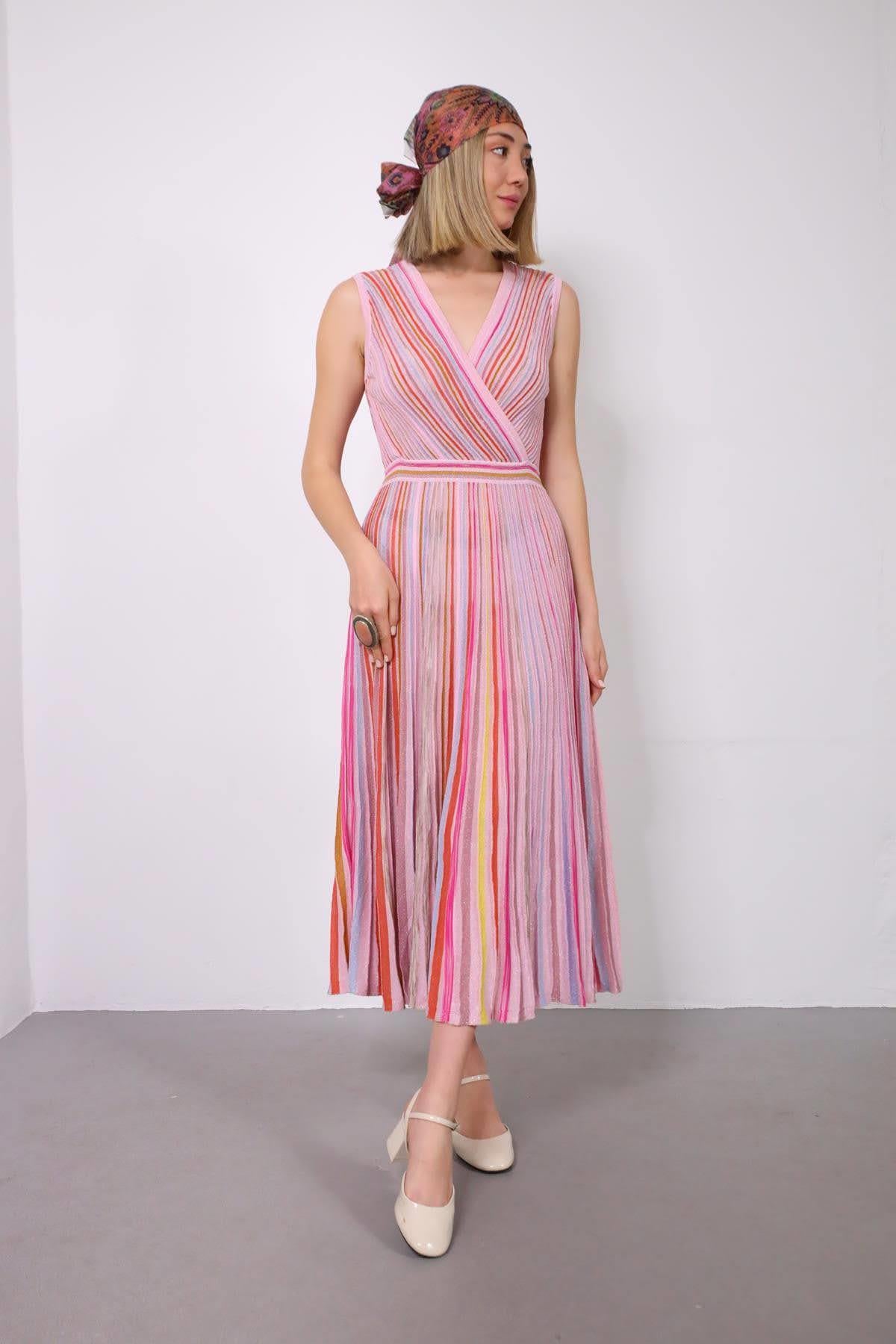 Pembe Kruvaze Yaka Missoni Elbise - Şaman Butik Pembe Kruvaze Yaka Missoni Elbise