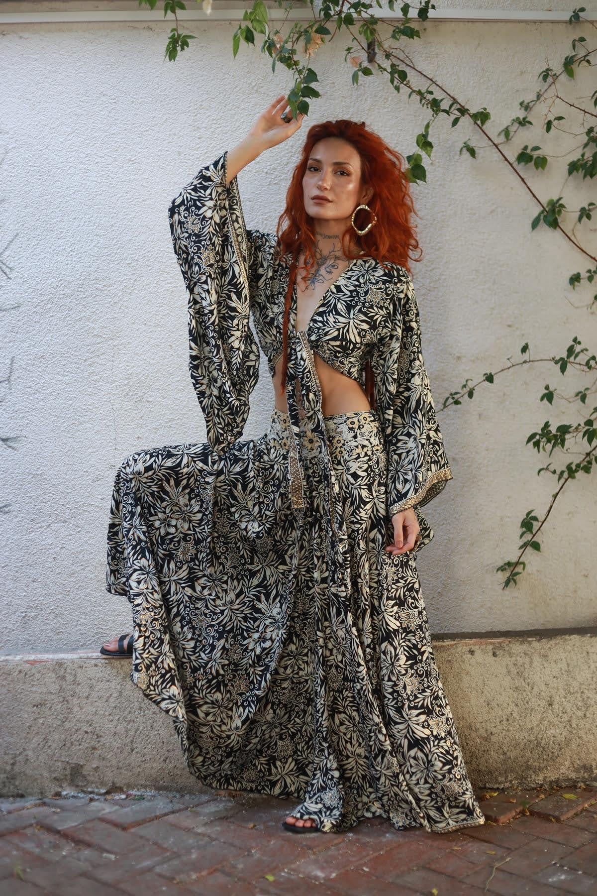 Black Patterned Silk Pants Skirt