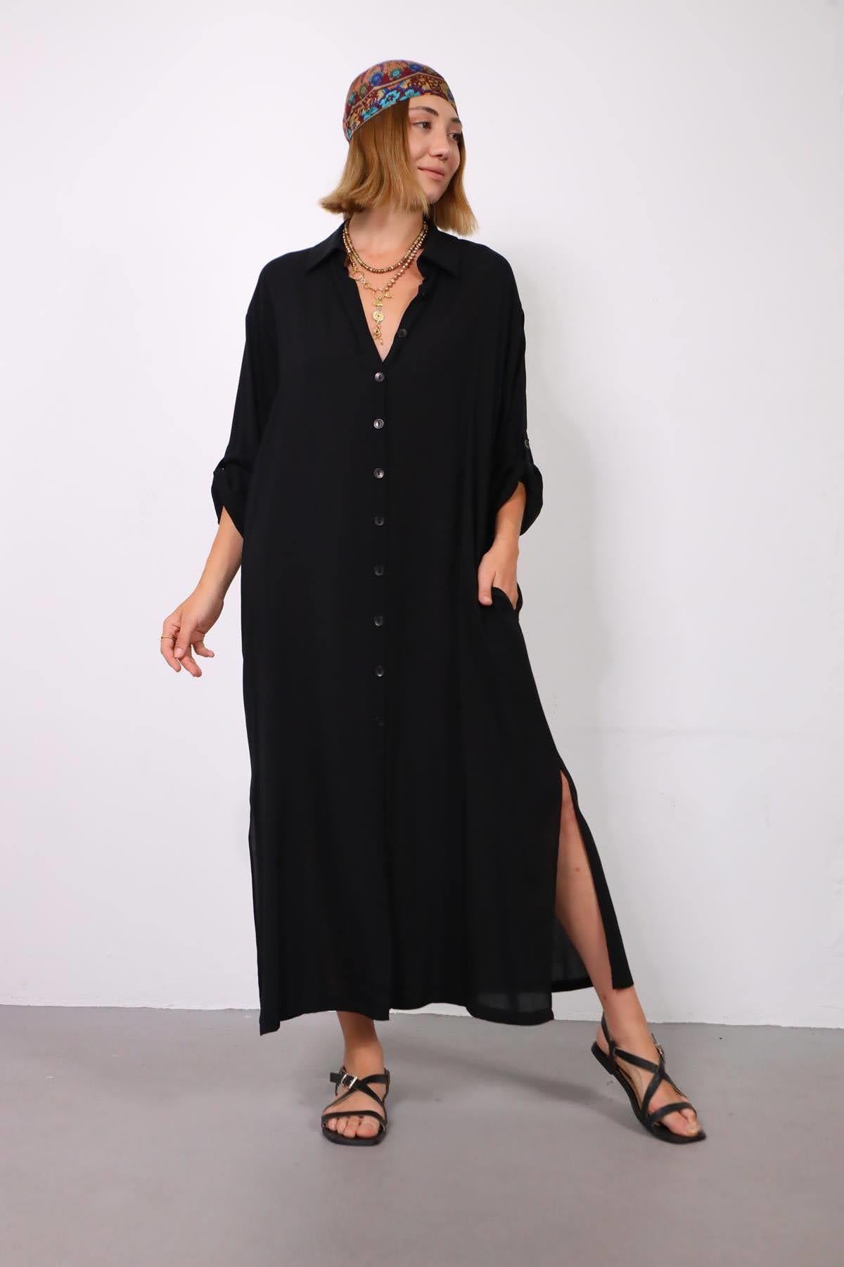 Siyah Yanları Yırtmaçlı Gömlek Elbise - Şaman Butik Siyah Yanları Yırtmaçlı Gömlek Elbise