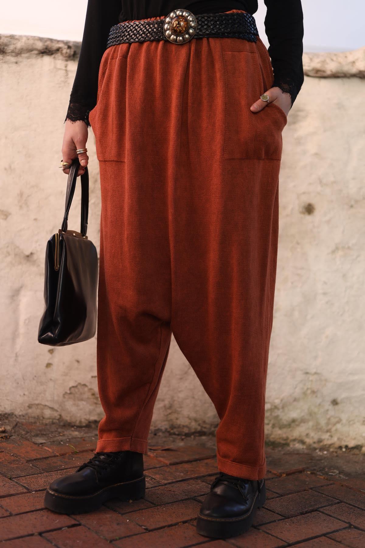 Kiremit Rengi Yıkamalı Triko Şalvar