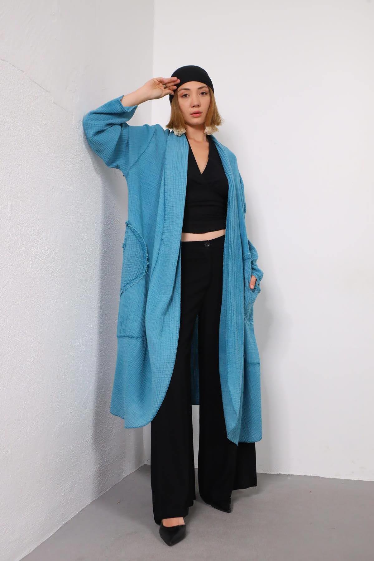 Light Blue Tasseled Pocket Detailed Muslin Caftan - Saman Butik | Shop Online Light Blue Tasseled Pocket Detailed Muslin Caftan