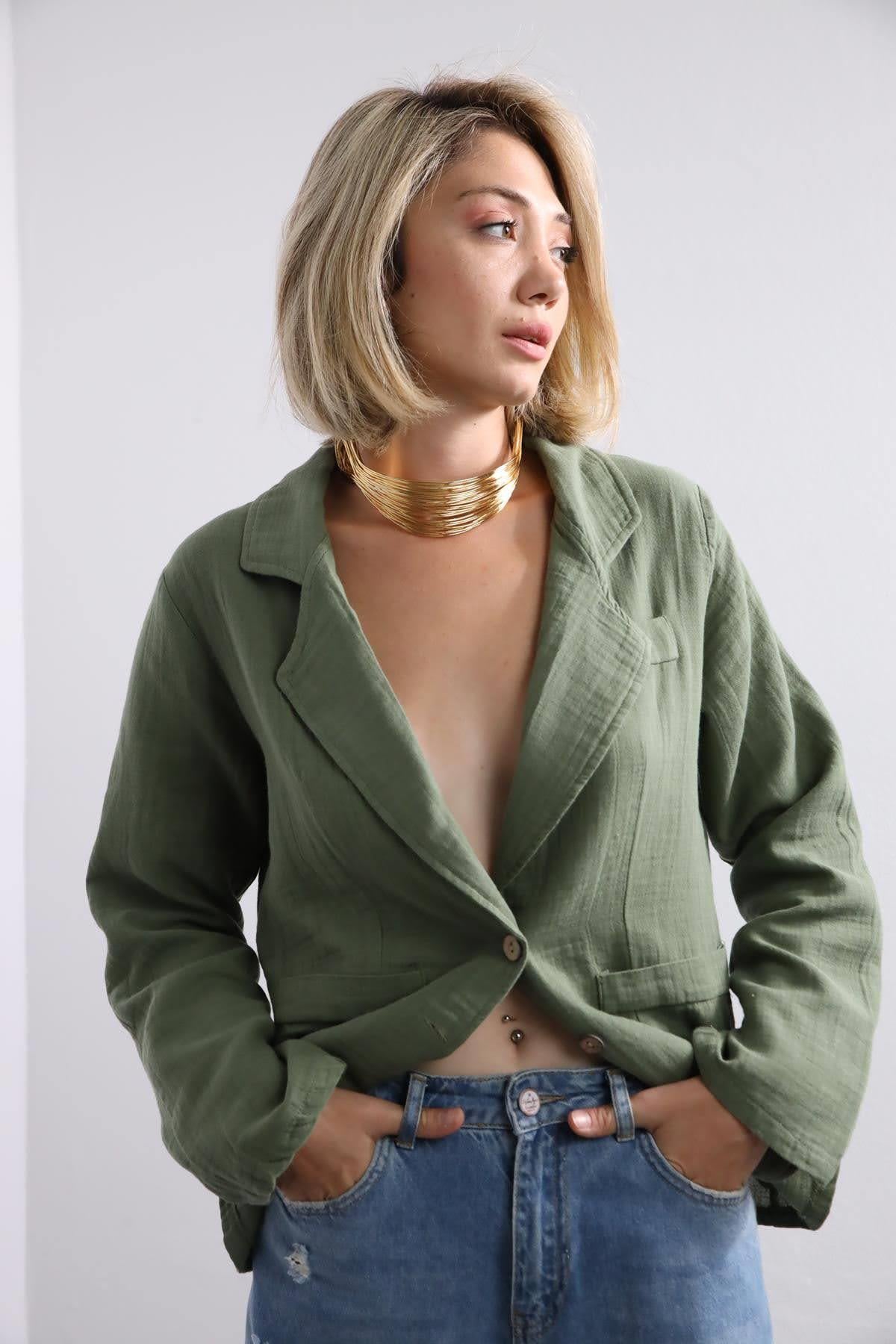 Haki Müslin Blazer Ceket - Şaman Butik Haki Müslin Blazer Ceket