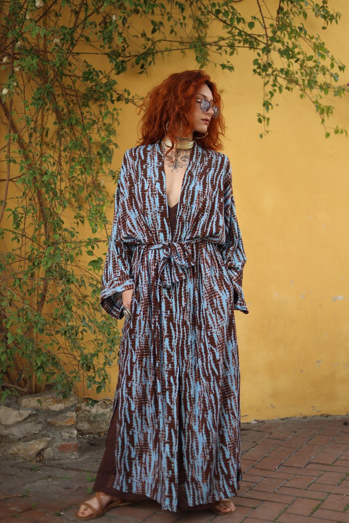 Blue Patterned Pocket Caftan