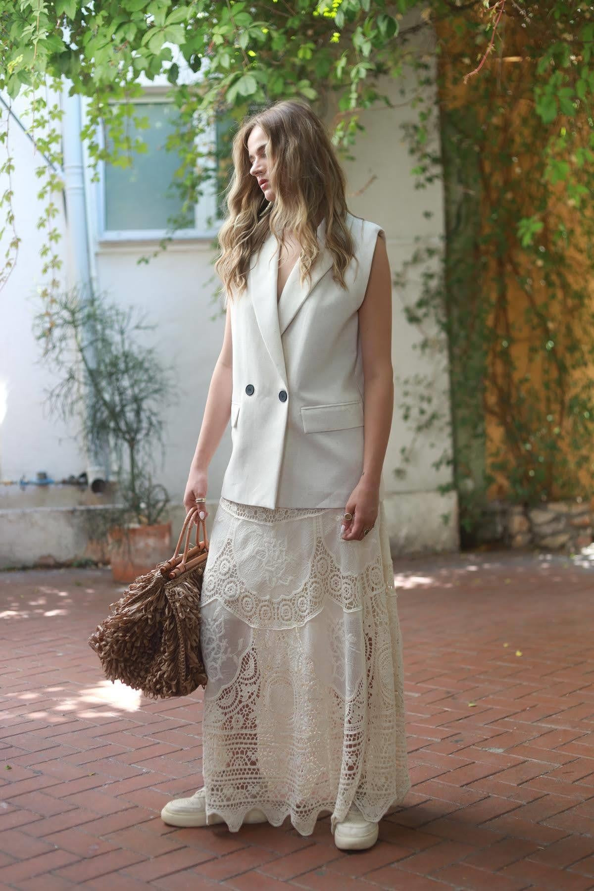 Krem Rengi Kırçıllı Keten Kruvaze Yelek