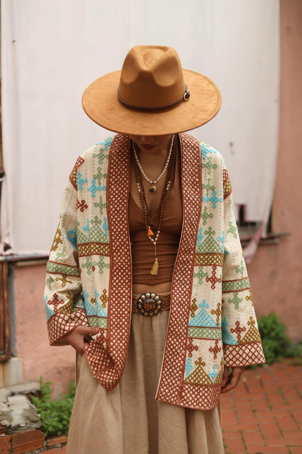 Cream Color Embroidered Short Caftan
