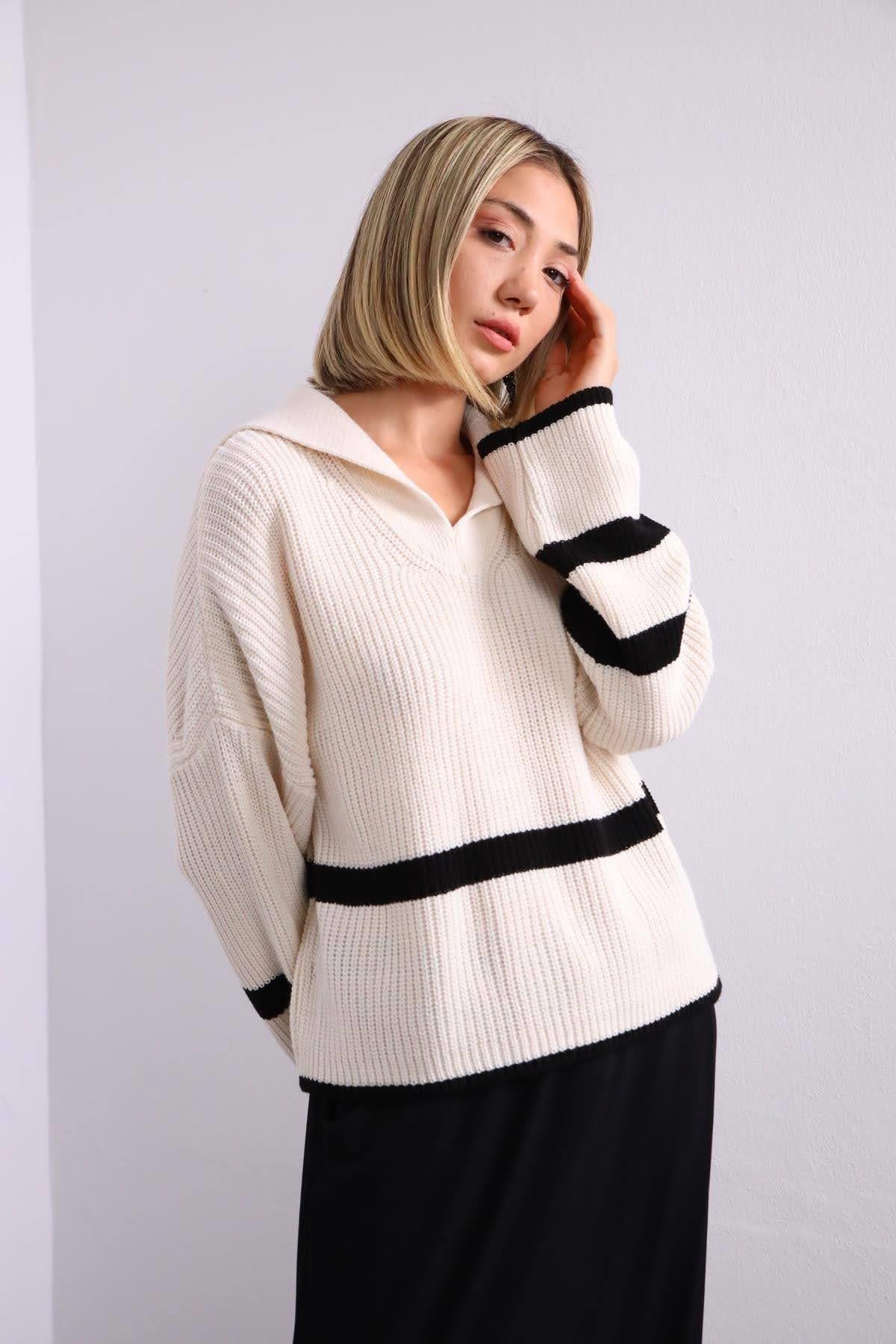 Krem Rengi Şerit Detaylı Yakalı Triko Kazak - Şaman Butik Krem Rengi Şerit Detaylı Yakalı Triko Kazak