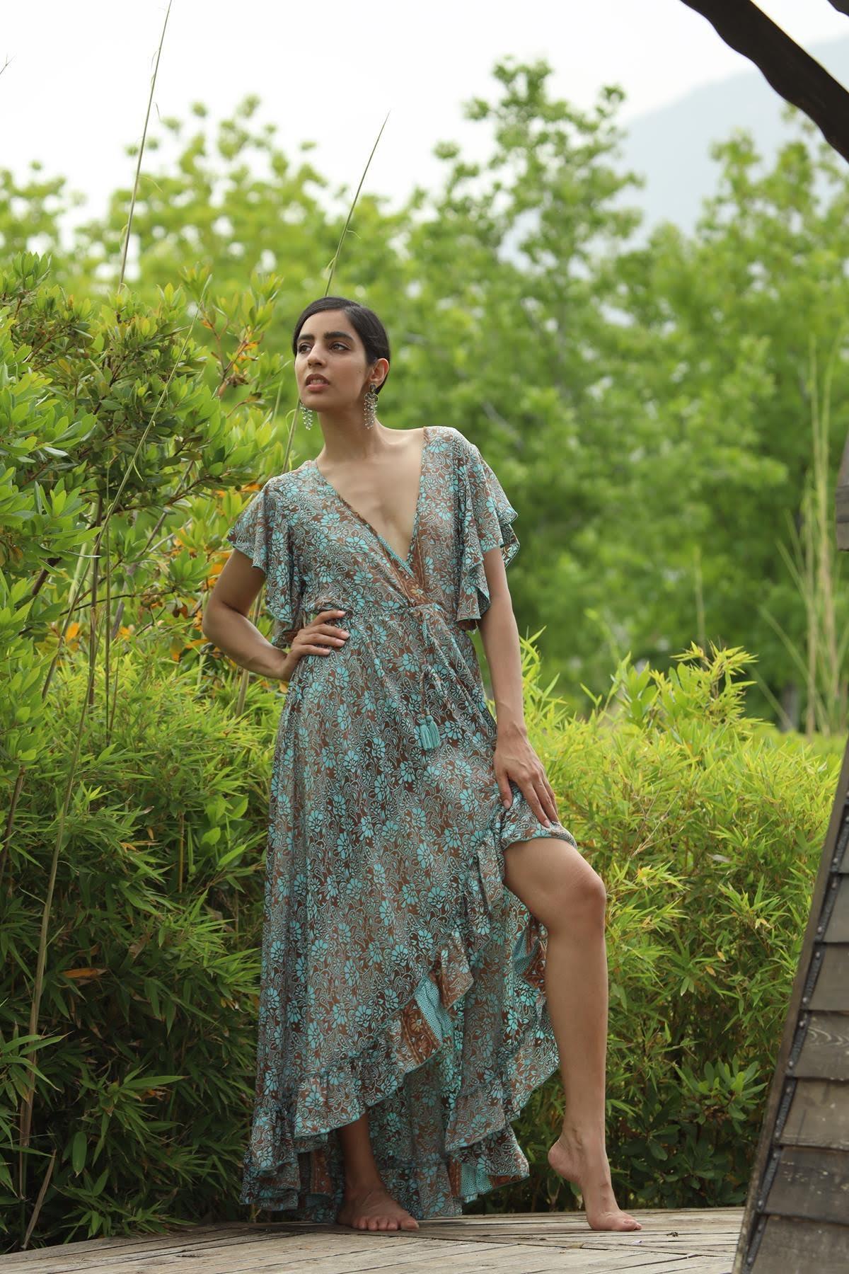 Turquoise Short Front Silk Dress