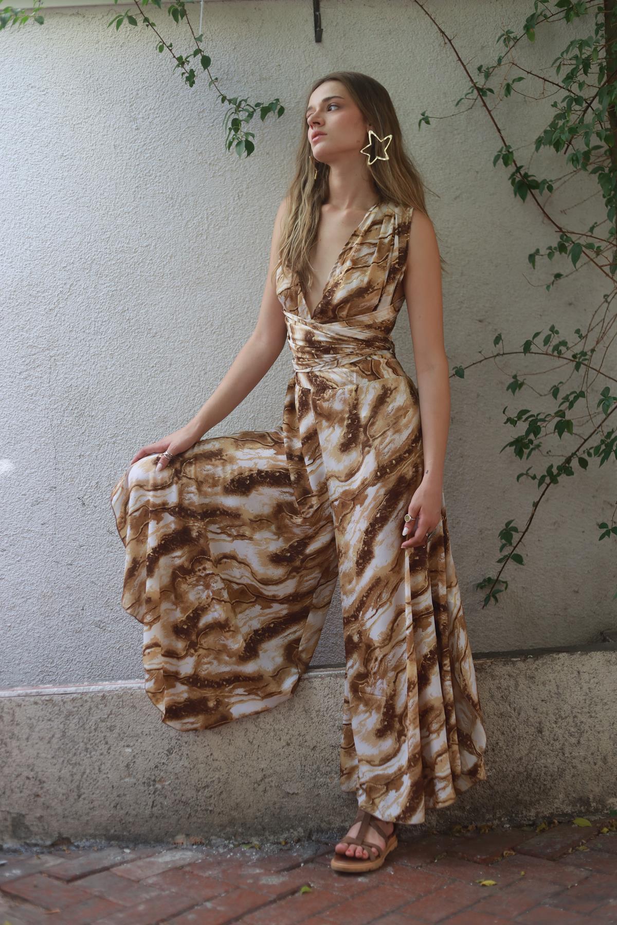 Light Brown Patterned Silk Jumpsuit