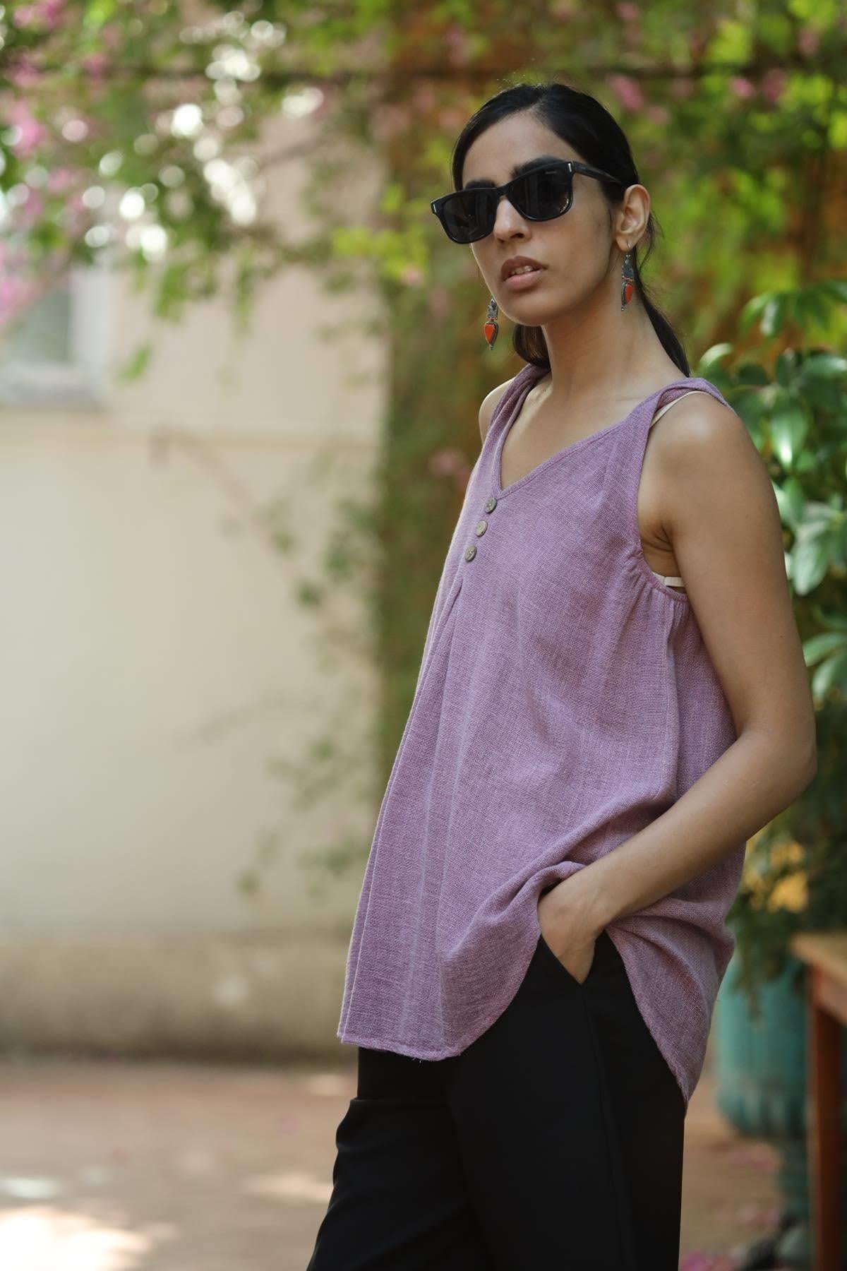 Purple V Neck Sleeveless Blouse