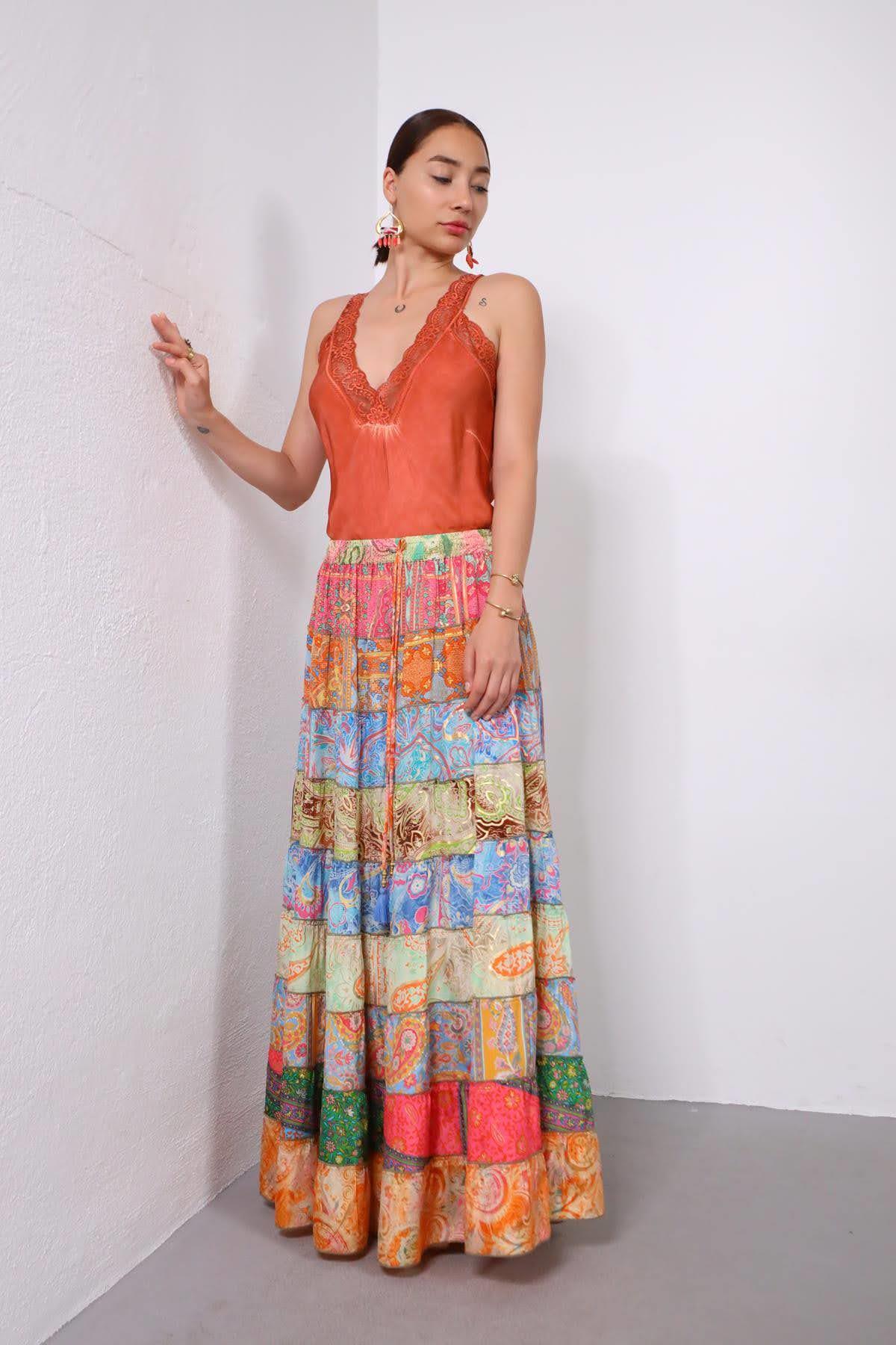Renkli Patchwork Otantik İpek Etek - Şaman Butik Renkli Patchwork Otantik İpek Etek