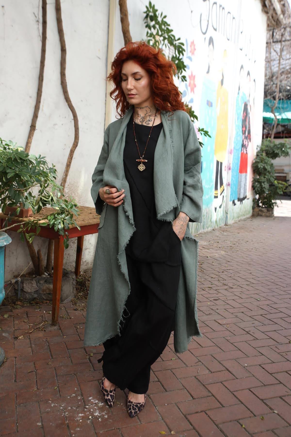 Khaki Tasseled Linen Kaftan