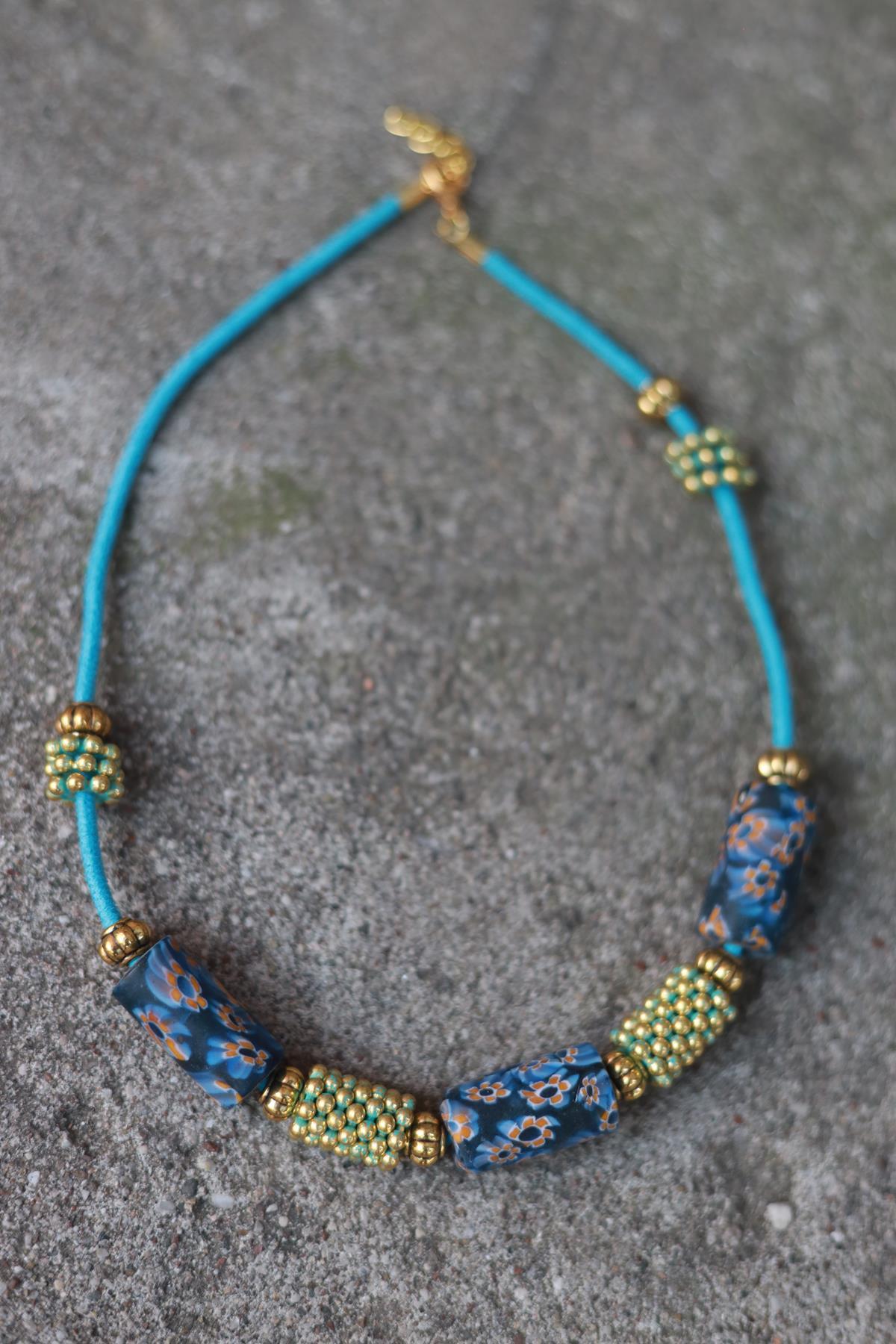 Blue Ceramic Detailed Cord Necklace