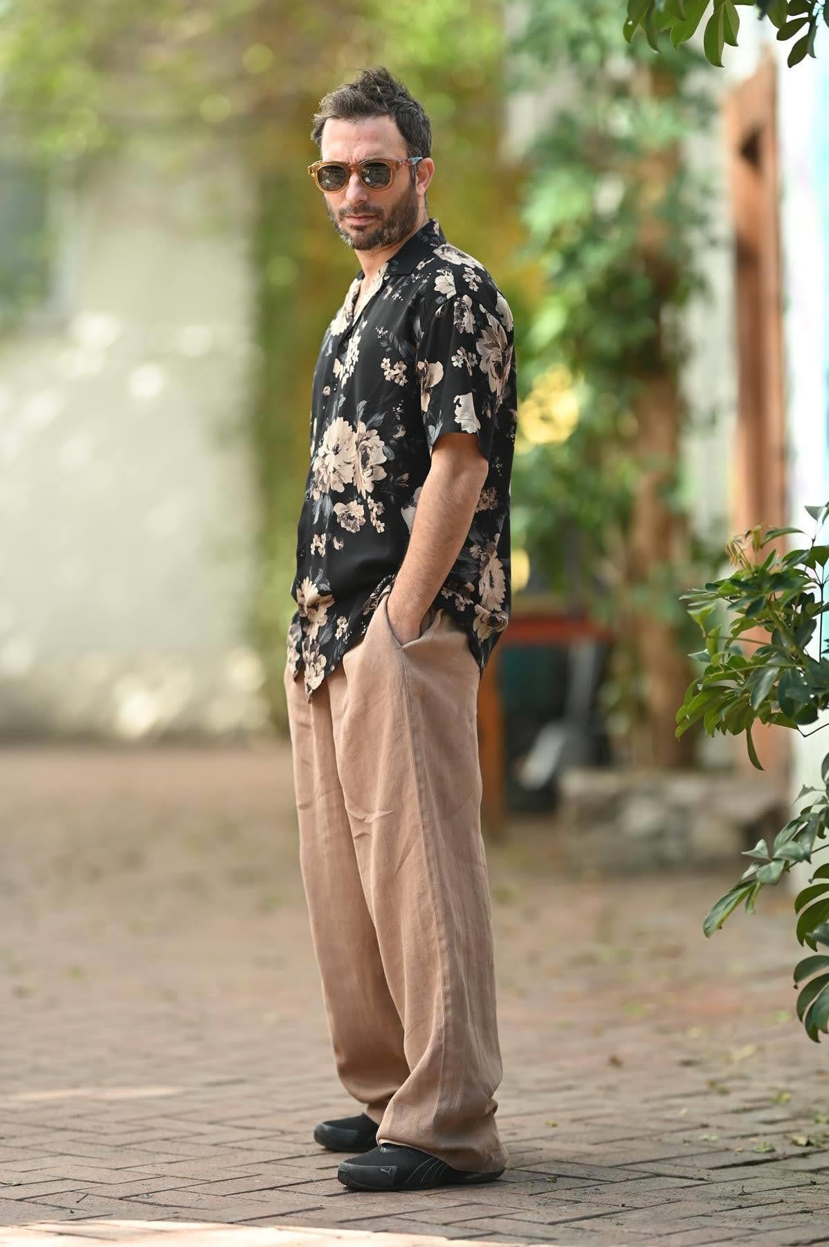 Black Patterned Short Sleeve Mens Shirt