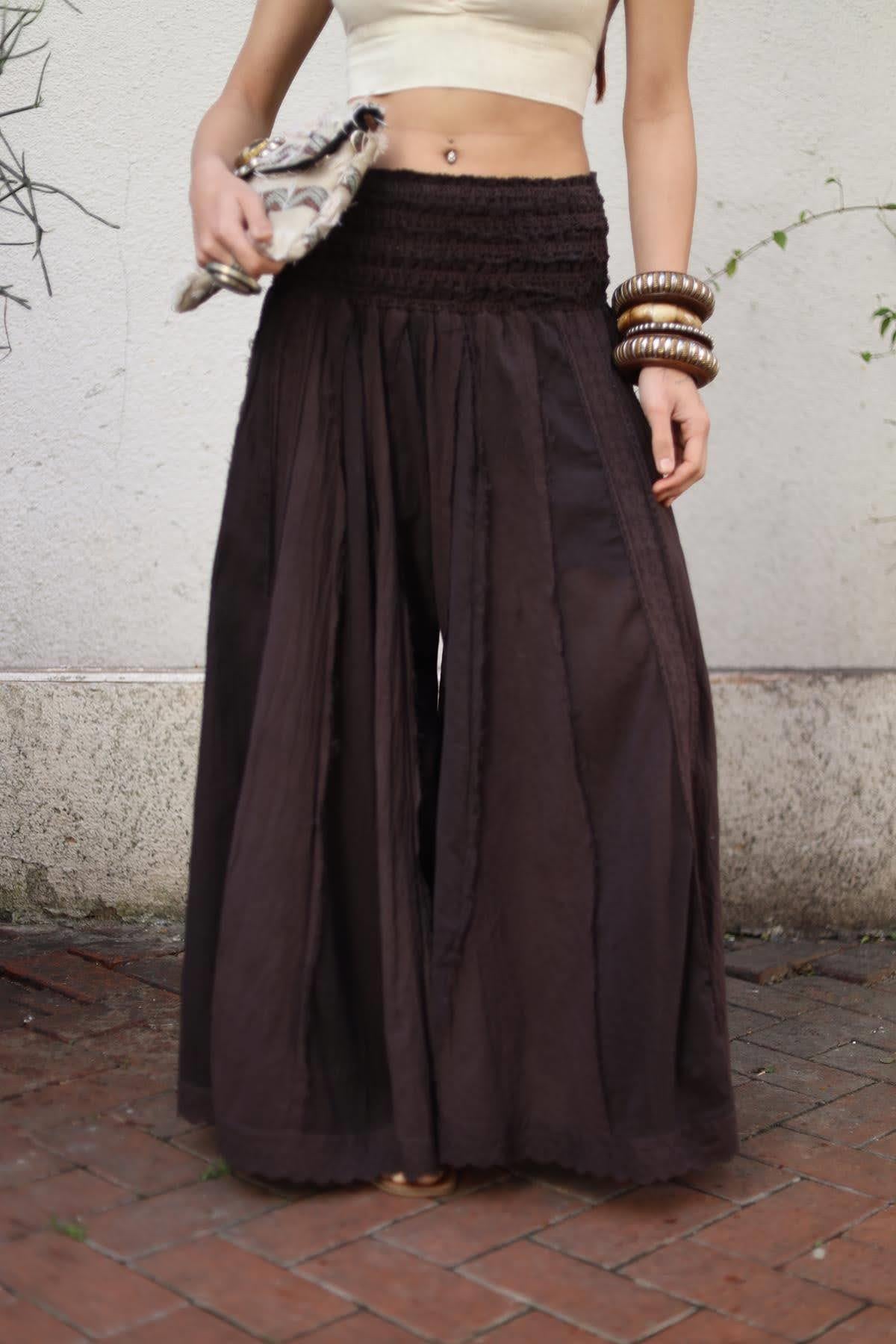 Kahverengi Beli Gipeli Güpür Detaylı Pantolon Etek