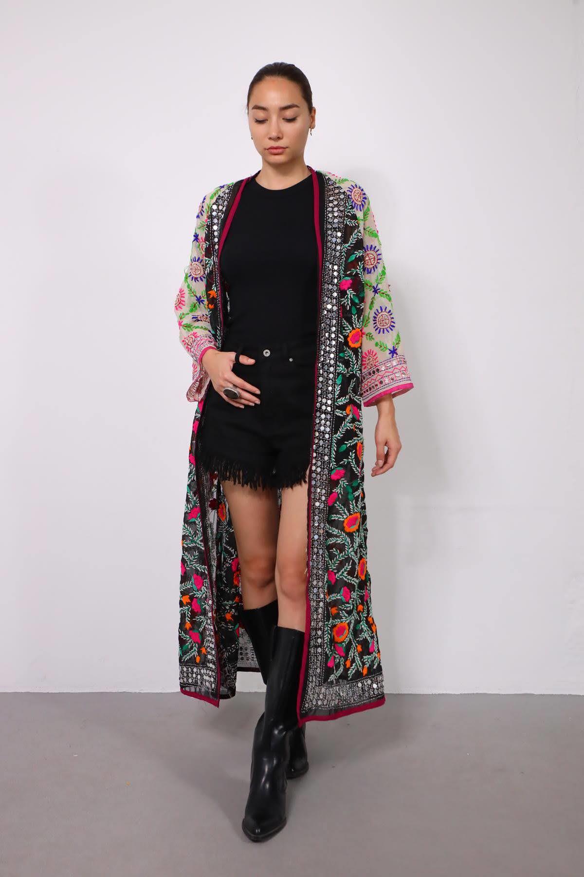  Ekru İşlemeli Bohem Uzun Kaftan