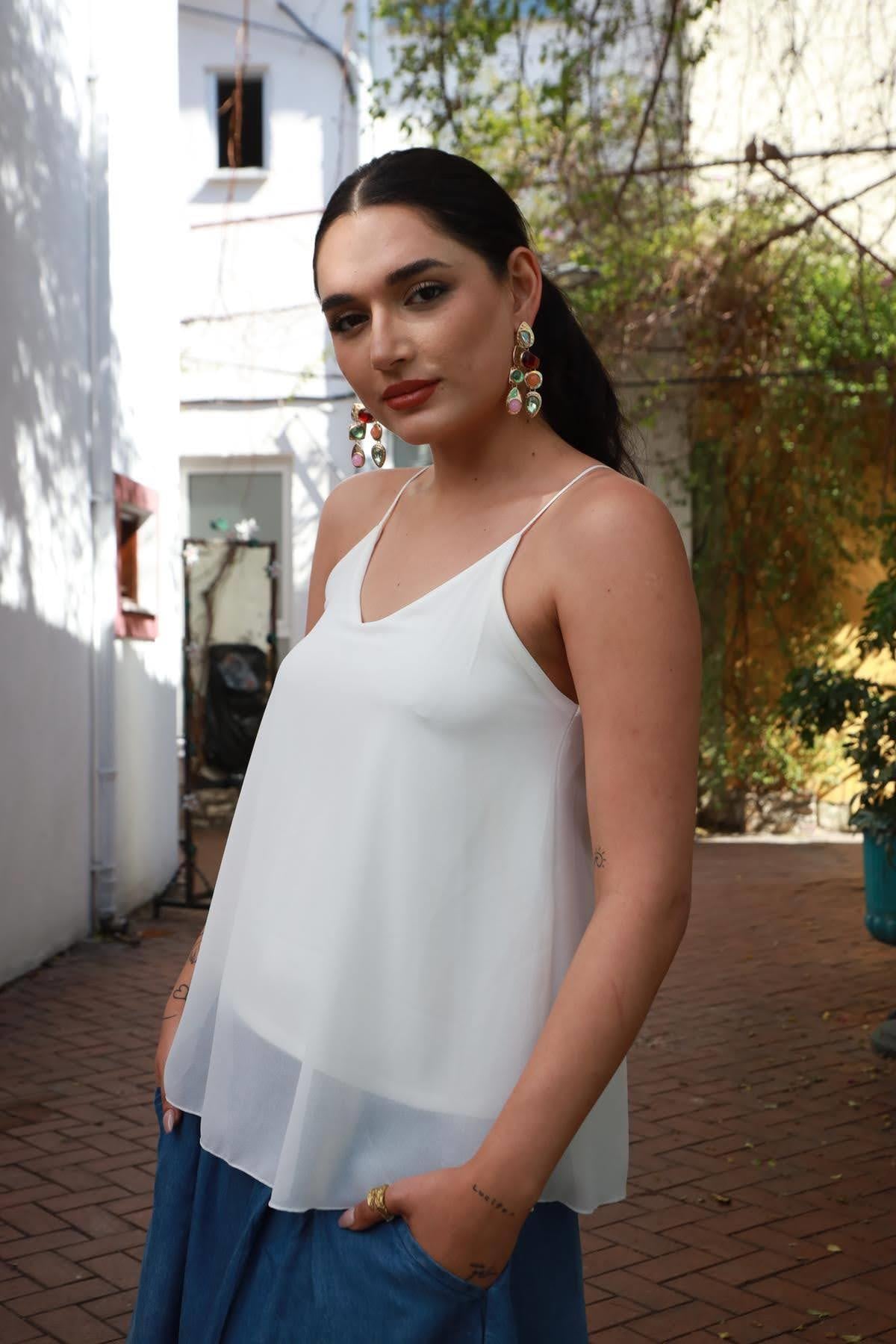 White Straped Lined Chiffon Blouse