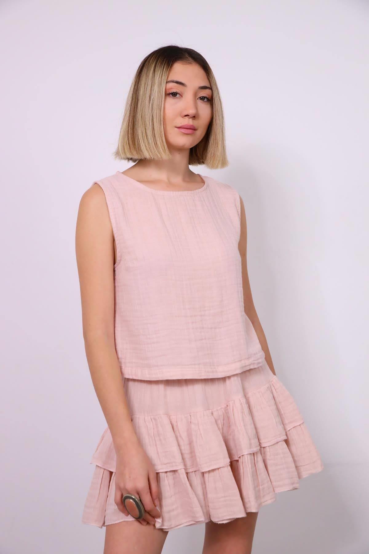 Pudra Pembe Kolsuz Crop Bluz - Şaman Butik Pudra Pembe Kolsuz Crop Bluz