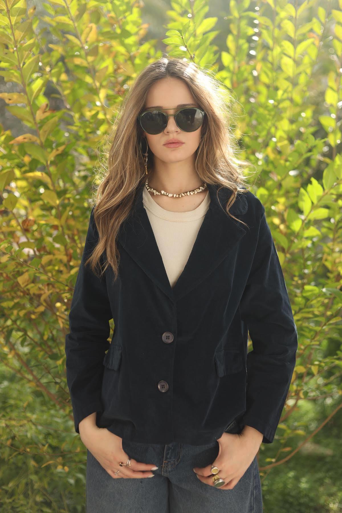 Lacivert Kadife Blazer Ceket