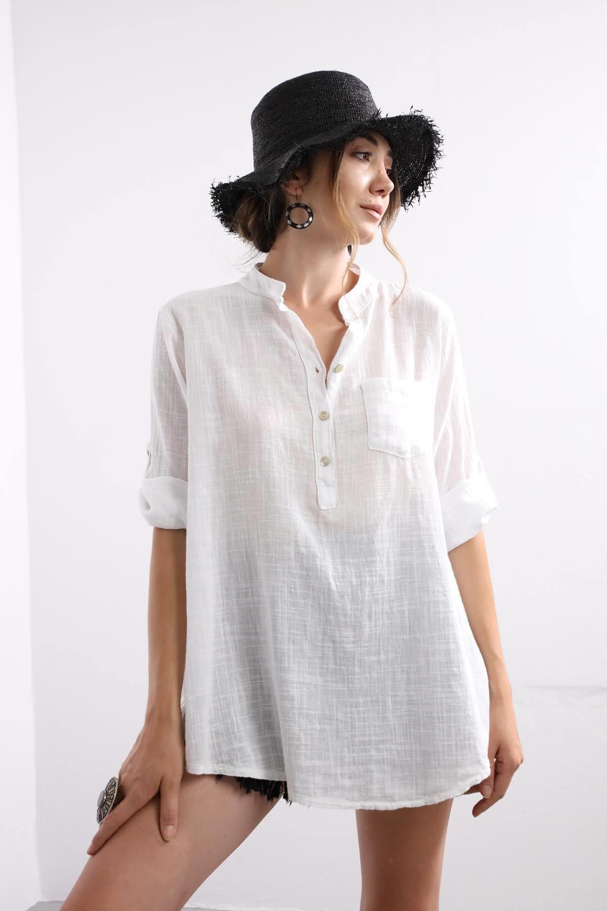 White Mandarin Collar Three-Button Shirt - Saman Butik | Shop Online White Mandarin Collar Three-Button Shirt