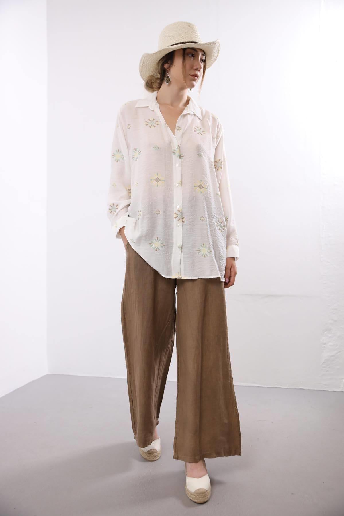 Beyaz İşlemeli Gömlek - Şaman Butik Beyaz İşlemeli Gömlek