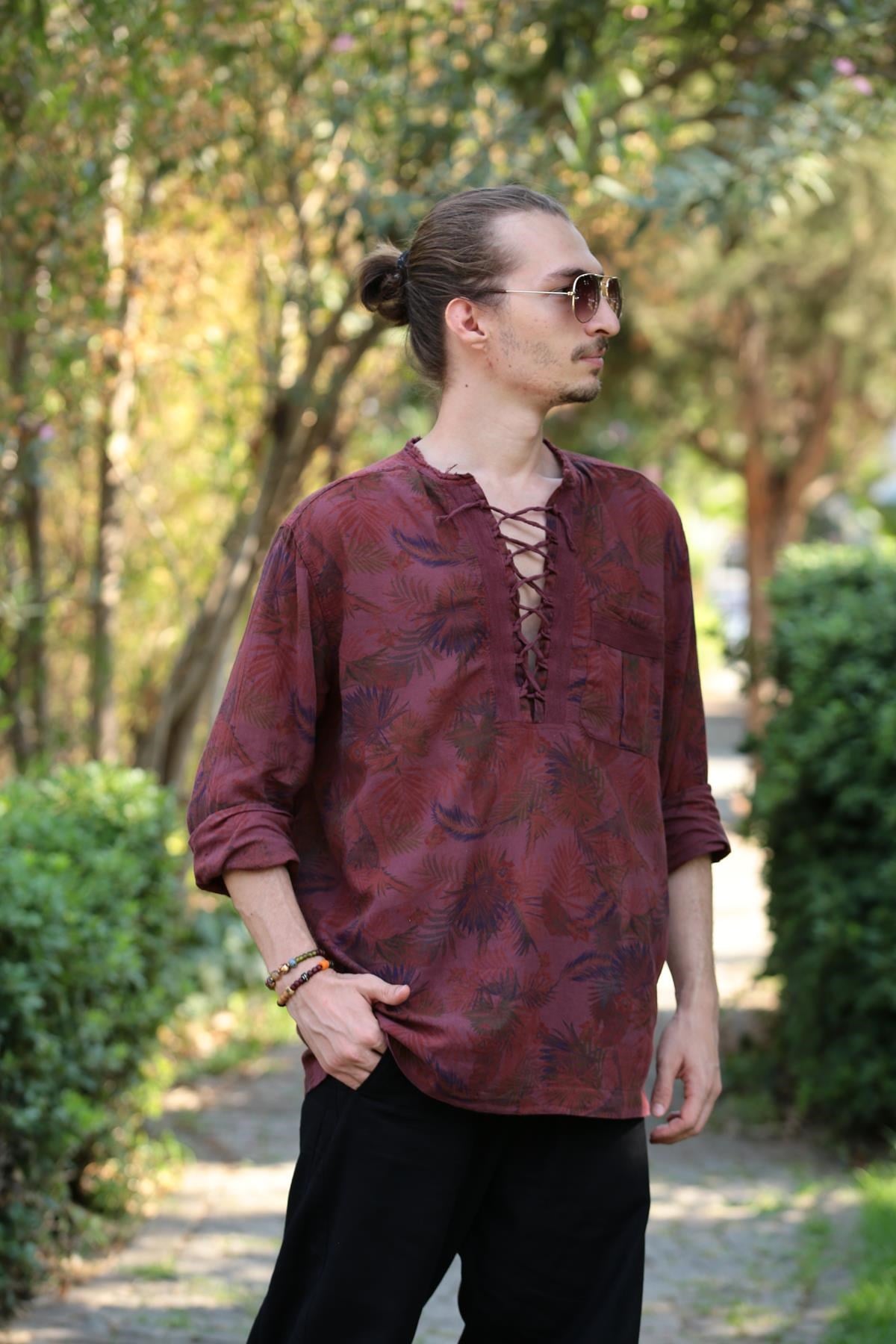 Bordo Desenli Yakası Bağcıklı Bohem Erkek Gömlek - Şaman Butik Bordo Desenli Yakası Bağcıklı Bohem Erkek Gömlek