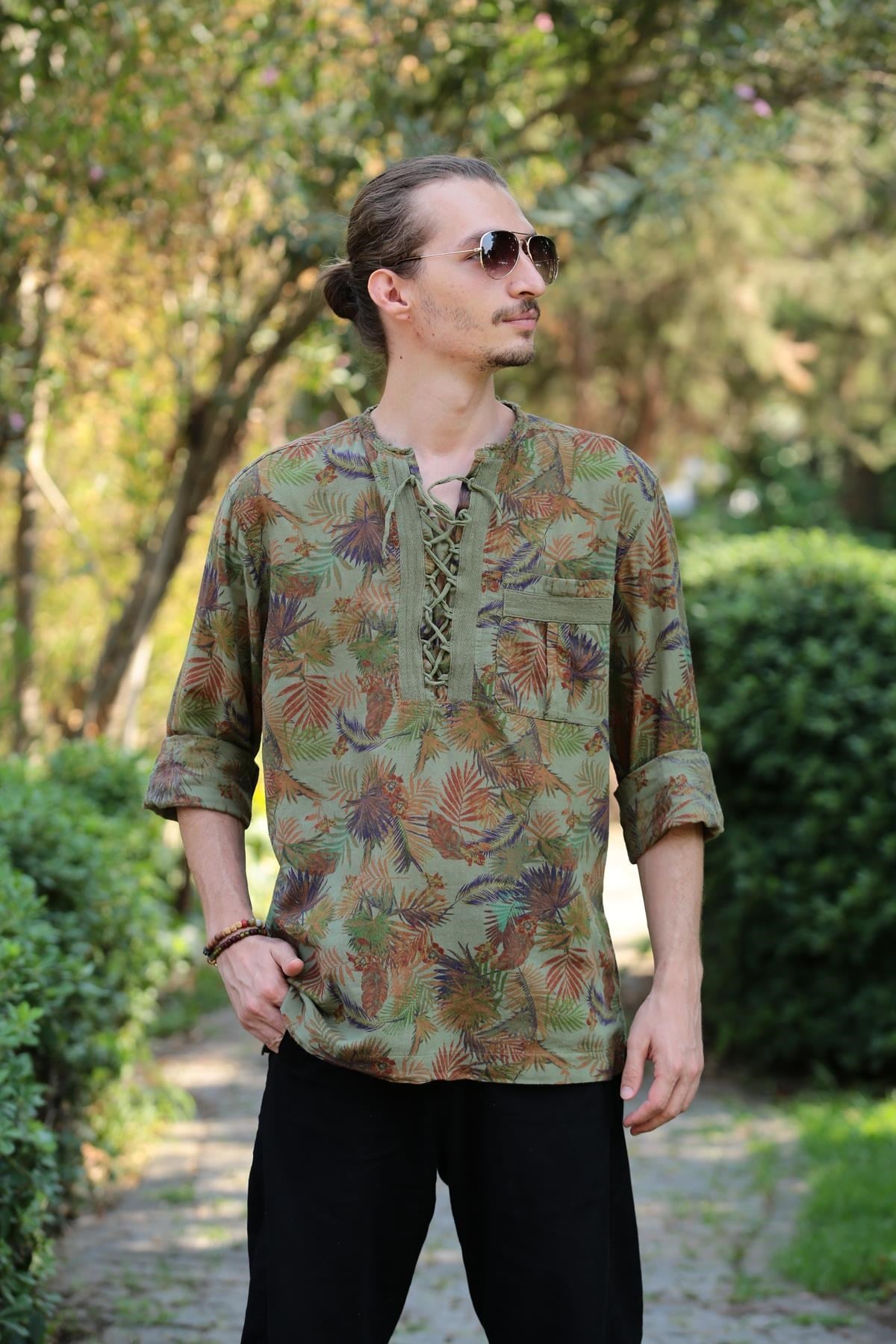 Haki Desenli Yakası Bağcıklı Bohem Erkek Gömlek - Şaman Butik Haki Desenli Yakası Bağcıklı Bohem Erkek Gömlek