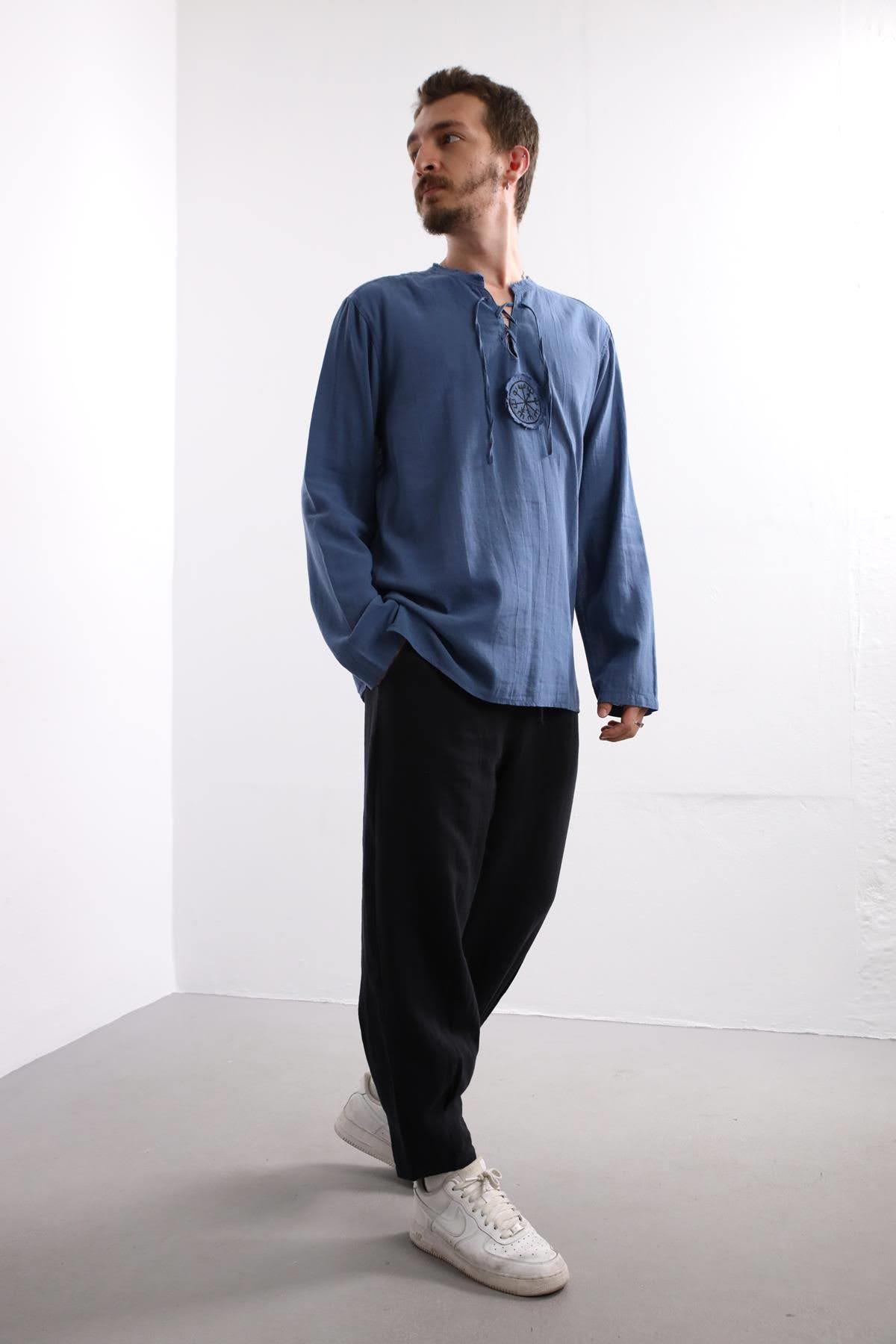 İndigo Mavi Mandala Desen Erkek Gömlek - Şaman Butik İndigo Mavi Mandala Desen Erkek Gömlek