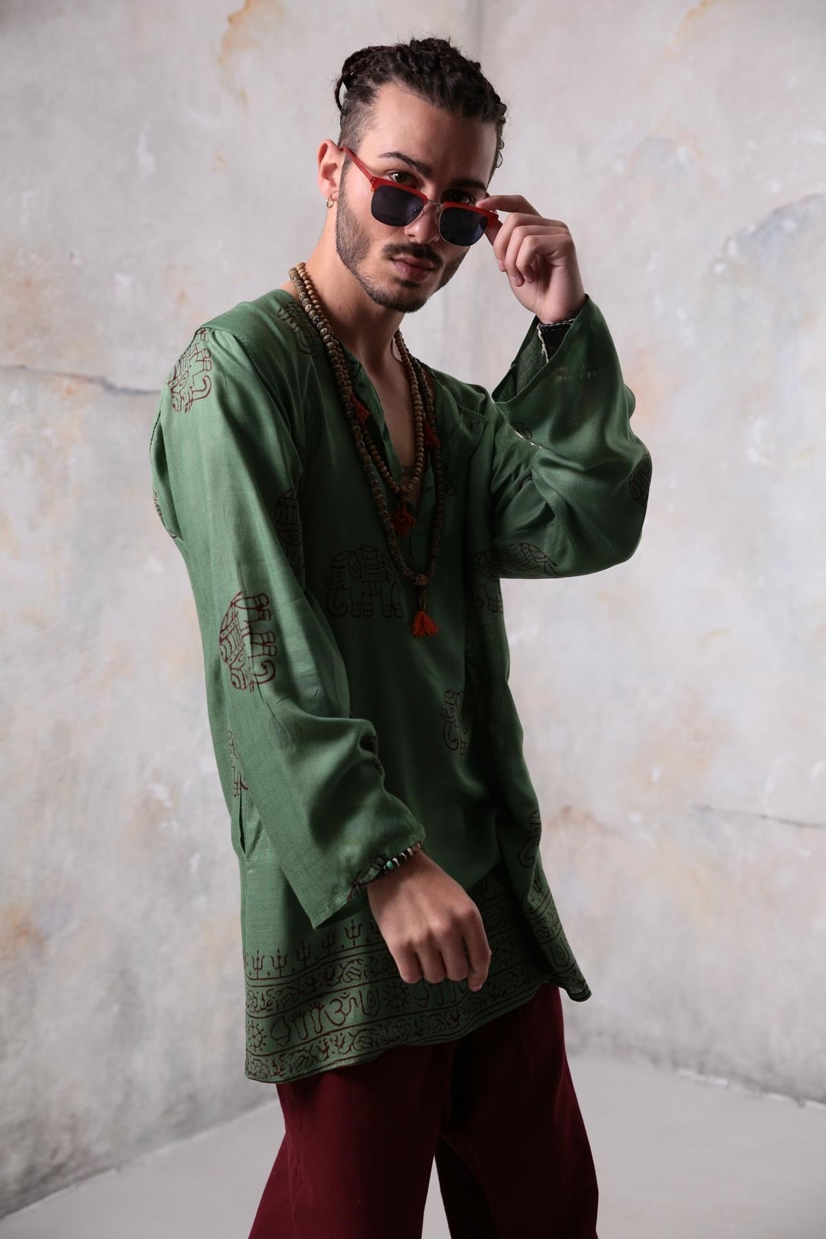 Koyu Yeşil Filli Gömlek - Şaman Butik Koyu Yeşil Filli Gömlek
