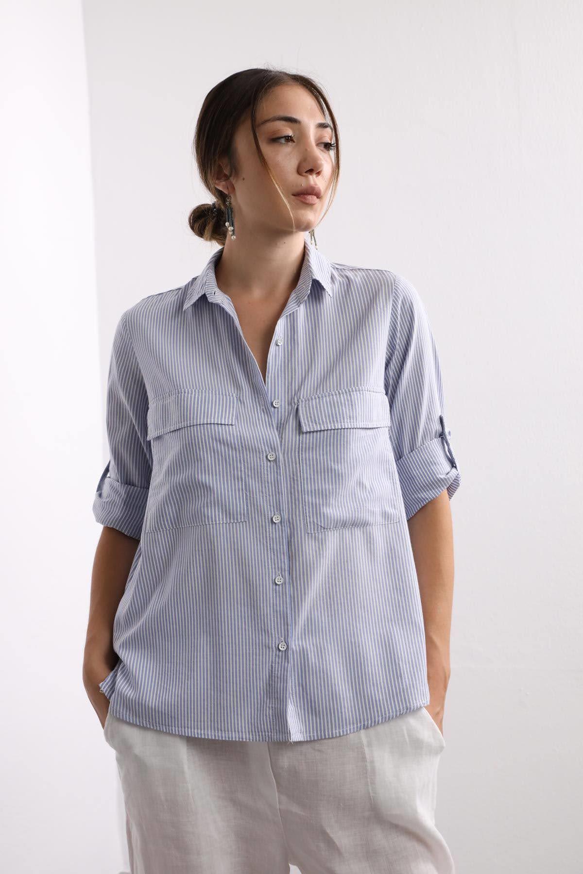 Mavi Çizgili Cebi Kapaklı Gömlek - Şaman Butik Mavi Çizgili Cebi Kapaklı Gömlek