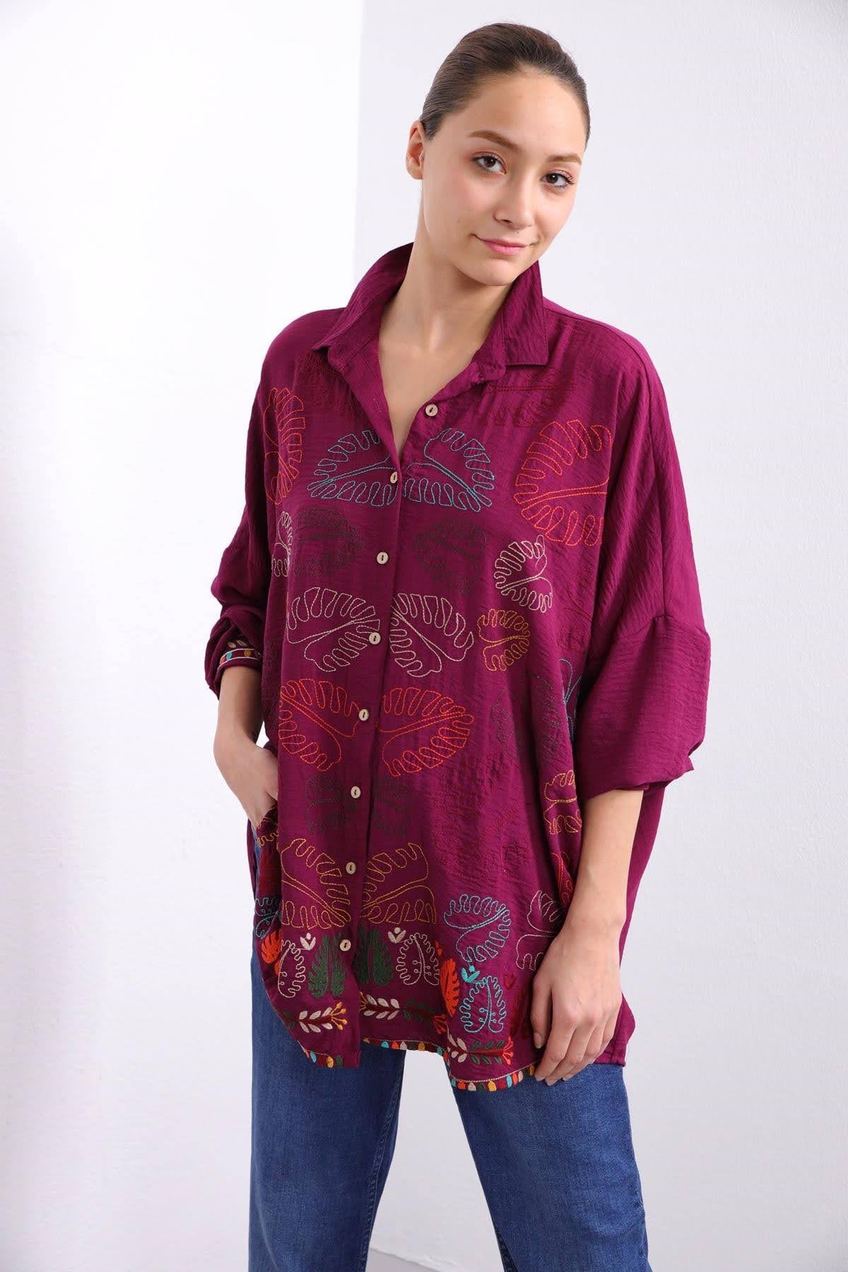  Mürdüm Desenli İşlemeli Gömlek