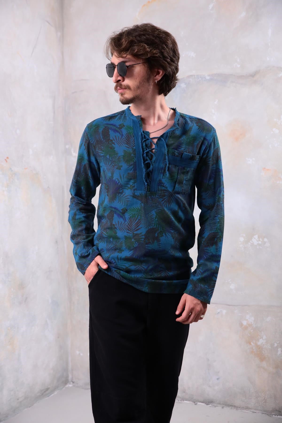 Petrol Mavisi Desenli Yakası Bağcıklı Bohem Erkek Gömlek - Şaman Butik Petrol Mavisi Desenli Yakası Bağcıklı Bohem Erkek Gömlek