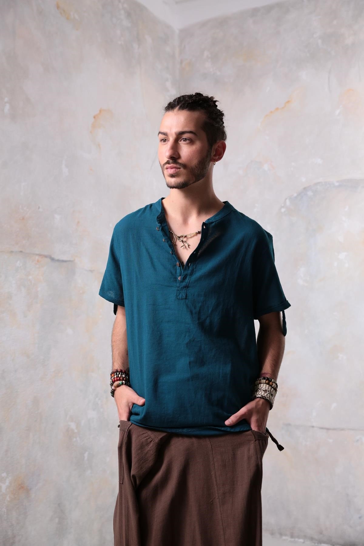 Petrol Mavisi Düğmeli Kısa Kollu Hakim Yaka Erkek Gömlek - Şaman Butik Petrol Mavisi Düğmeli Kısa Kollu Hakim Yaka Erkek Gömlek