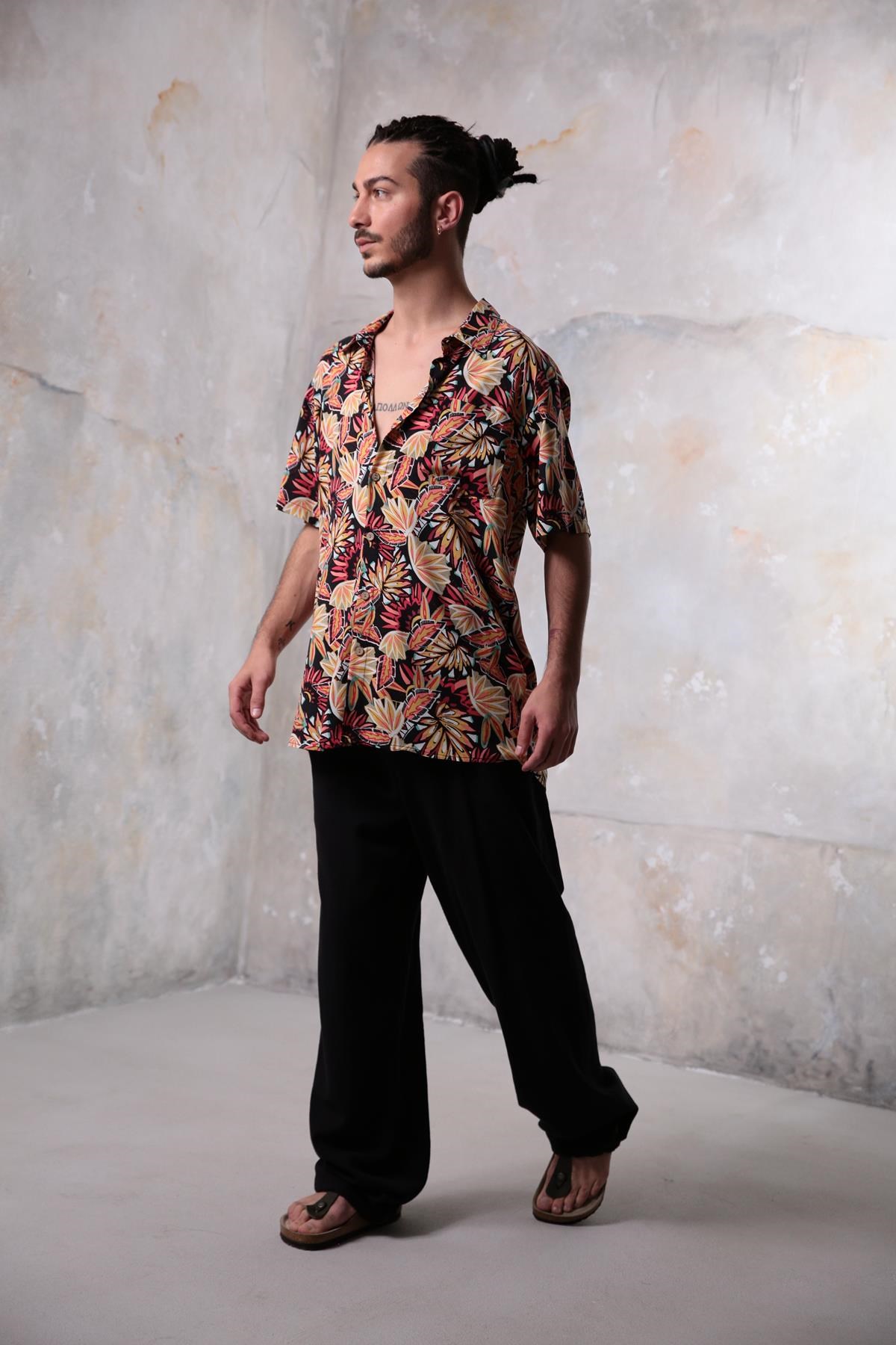 Saman Butik | Shop Online Black Leaf Pattern Shirt