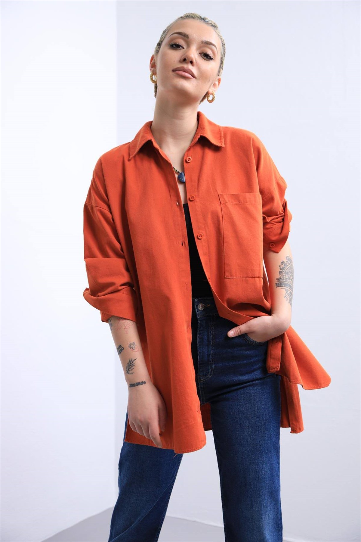 Turuncu Tek Cepli Oversize Gömlek - Şaman Butik Turuncu Tek Cepli Oversize Gömlek