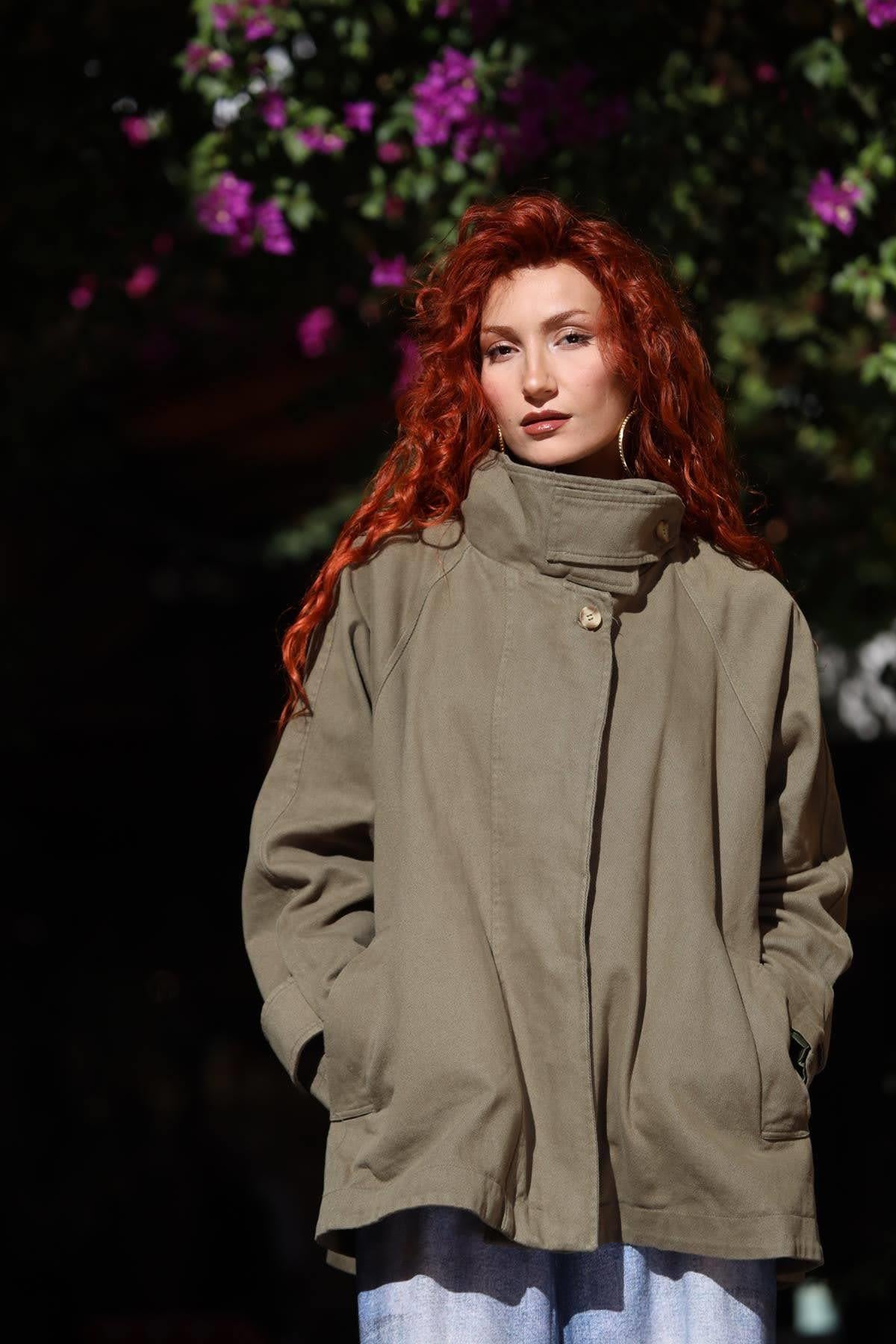 Haki Fermuarlı Kısa Gabardin Trençkot