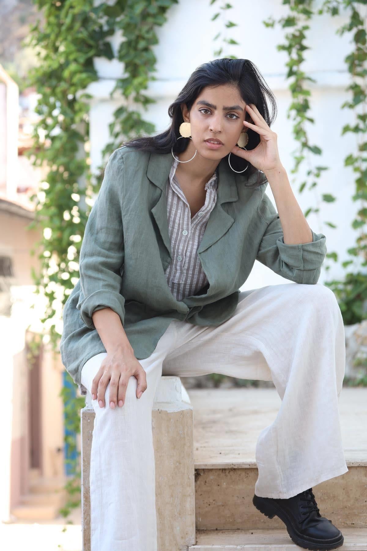 Haki Keten Tek Düğmeli Ceket